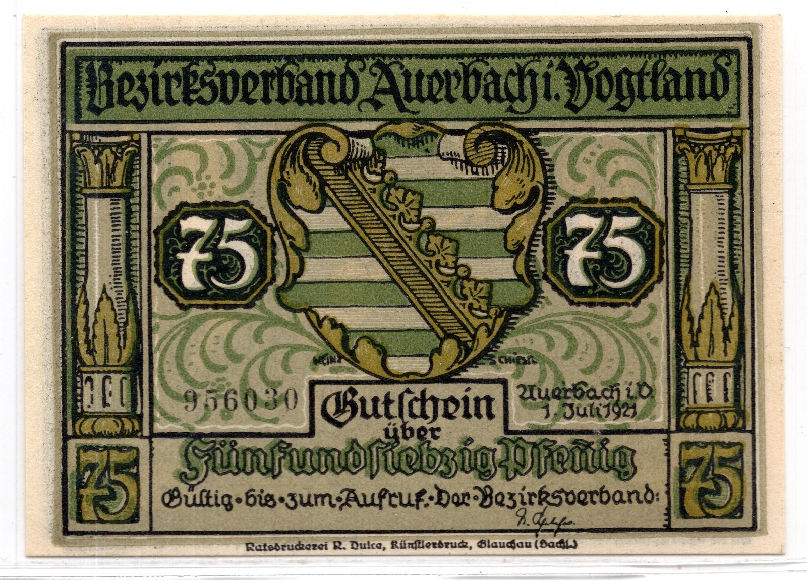 1921 Germany Auerbach Notgeld 75 Pfennig Note (NG311)