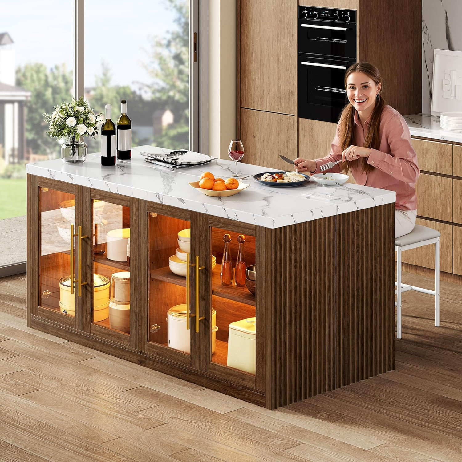 Walnut Kitchen Island with Storage & LED Light, 55" Rolling Breakfast Bar