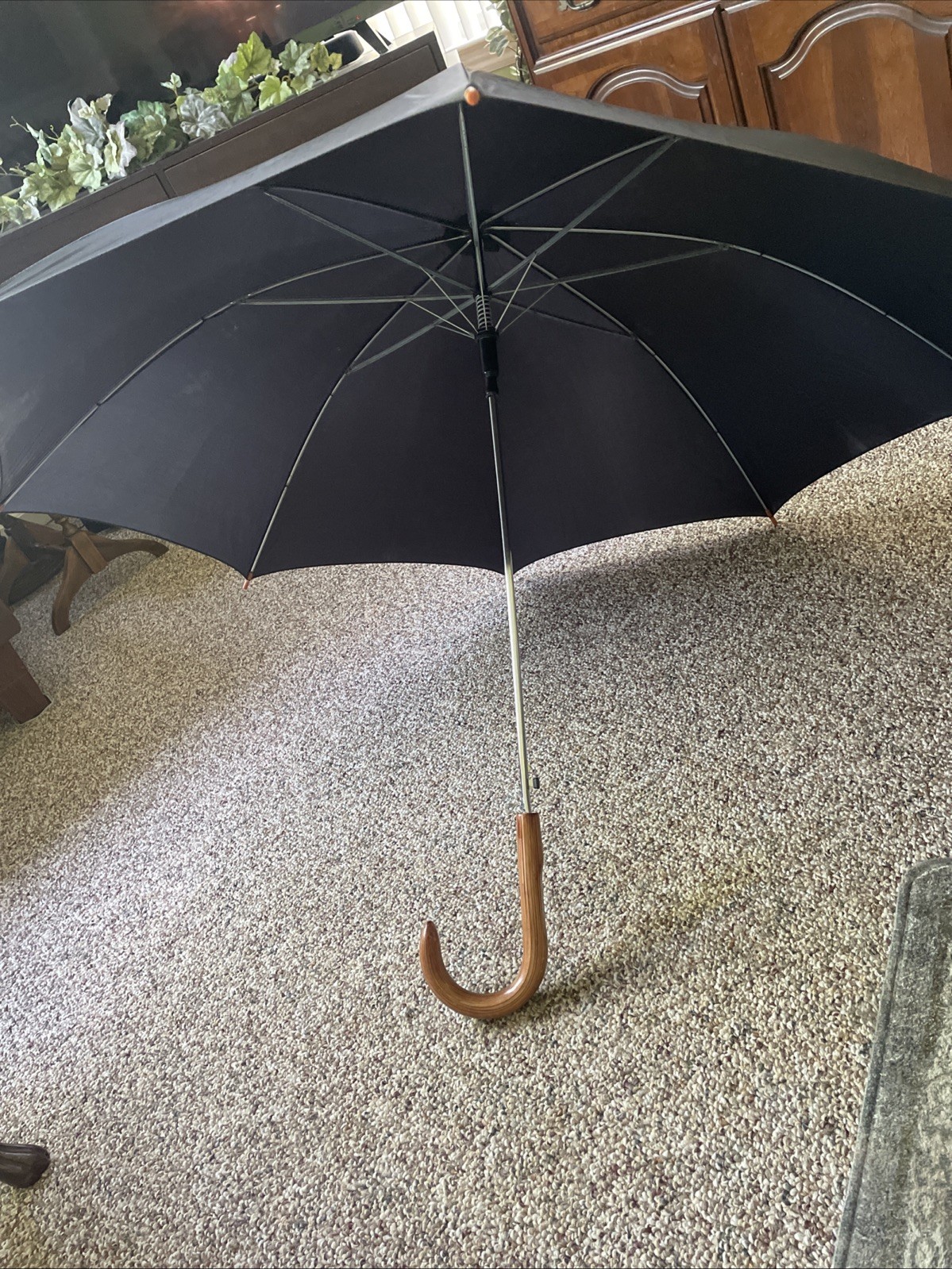 Black Rain Umbrella With Faux Wood Handle And Sliding Cover/push Button To Open