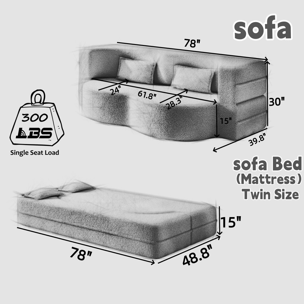 Twin Convertible Floor Sofa Bed w/ Pillows, Folding Guest Mattress Light Grey