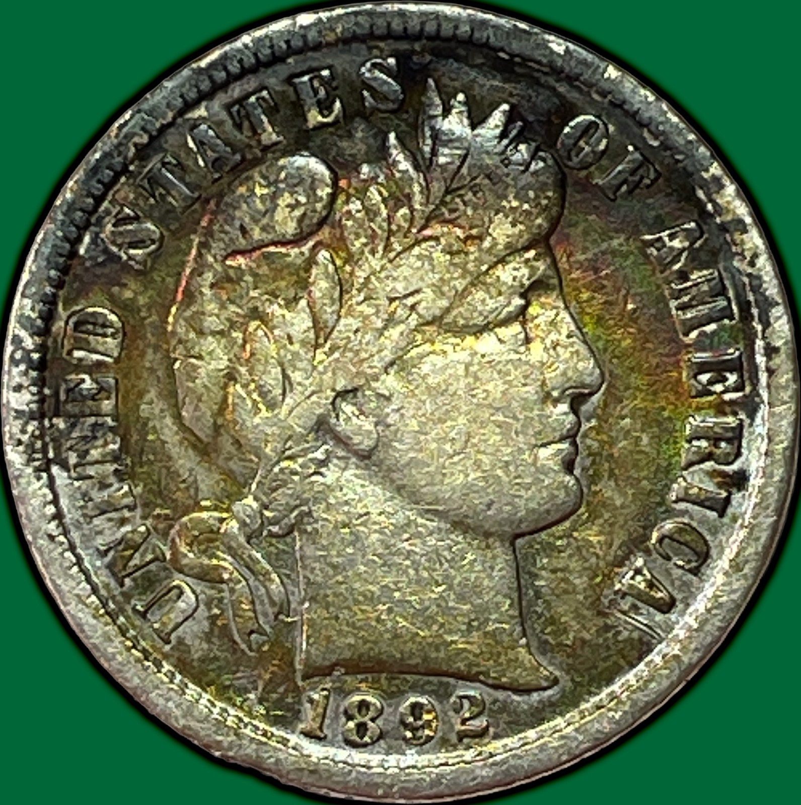 1892-S Barber Dime Very Fine VF Coin, Rainbow Toning #41104