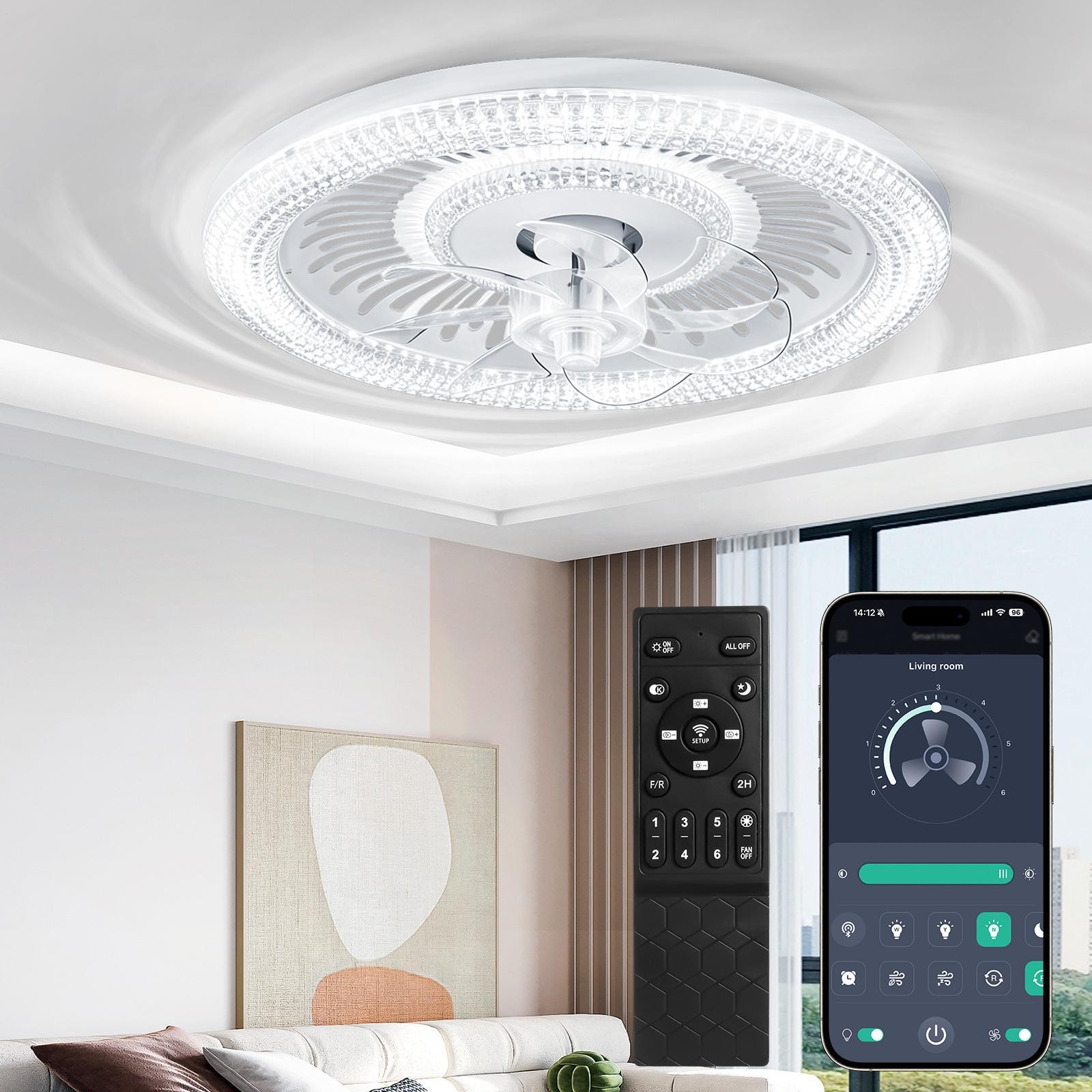 19" Ceiling Fan Light White Flush Mount LED Fixture With Remote APP Control Kit