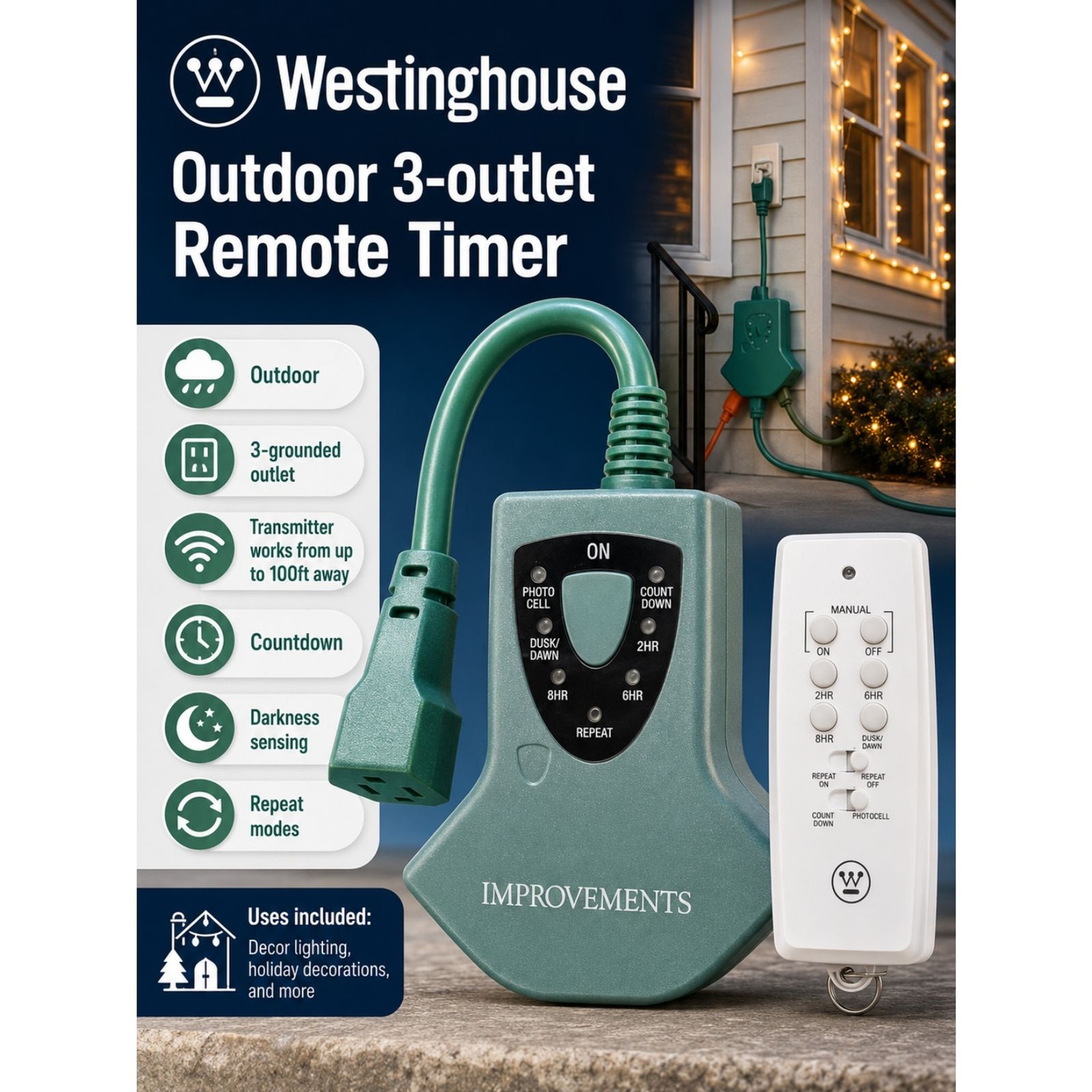 NEW Westinghouse Wireless Outdoor 3 Outlet Remote Control with Timer Function
