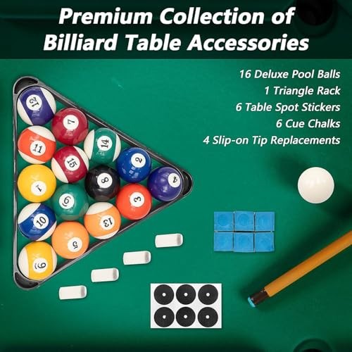 Billiard Pool Balls with Triangle Ball Rack, Cue Chalks, Table Spot Stickers &
