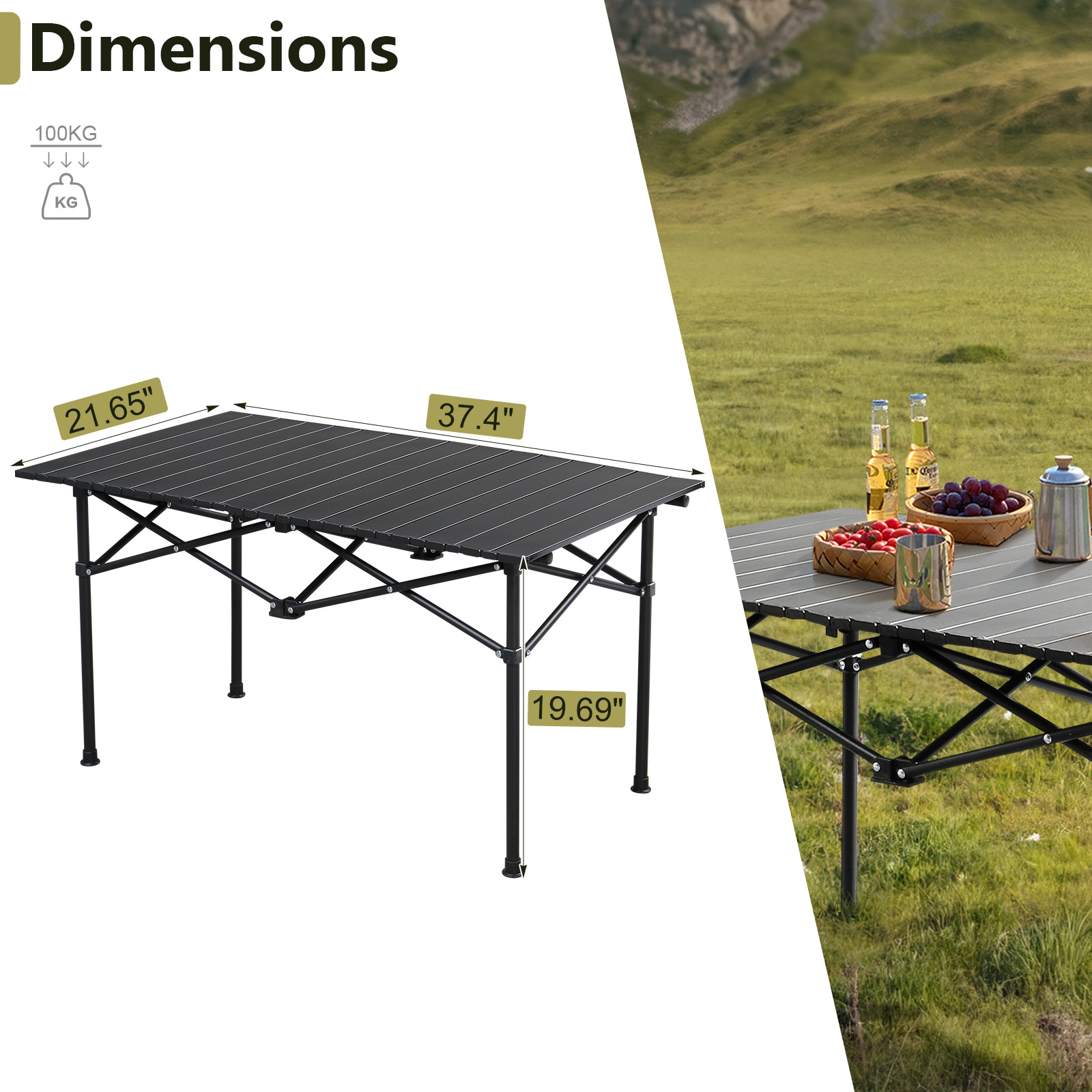 Portable Folding Camping Table,Table Outdoor Camp Table37x20 in, Black