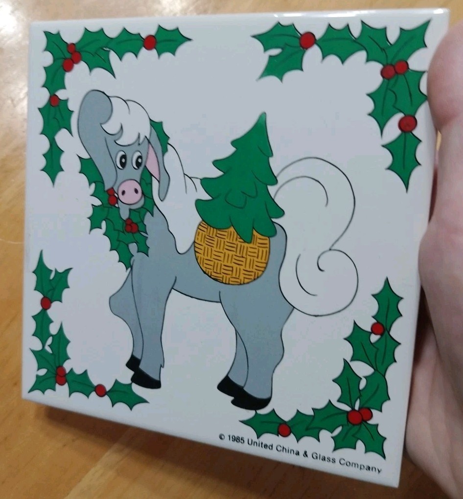 Vtg 1985 United China & GLASS COMPANY TILE Donkey Xmas Christmas Holiday