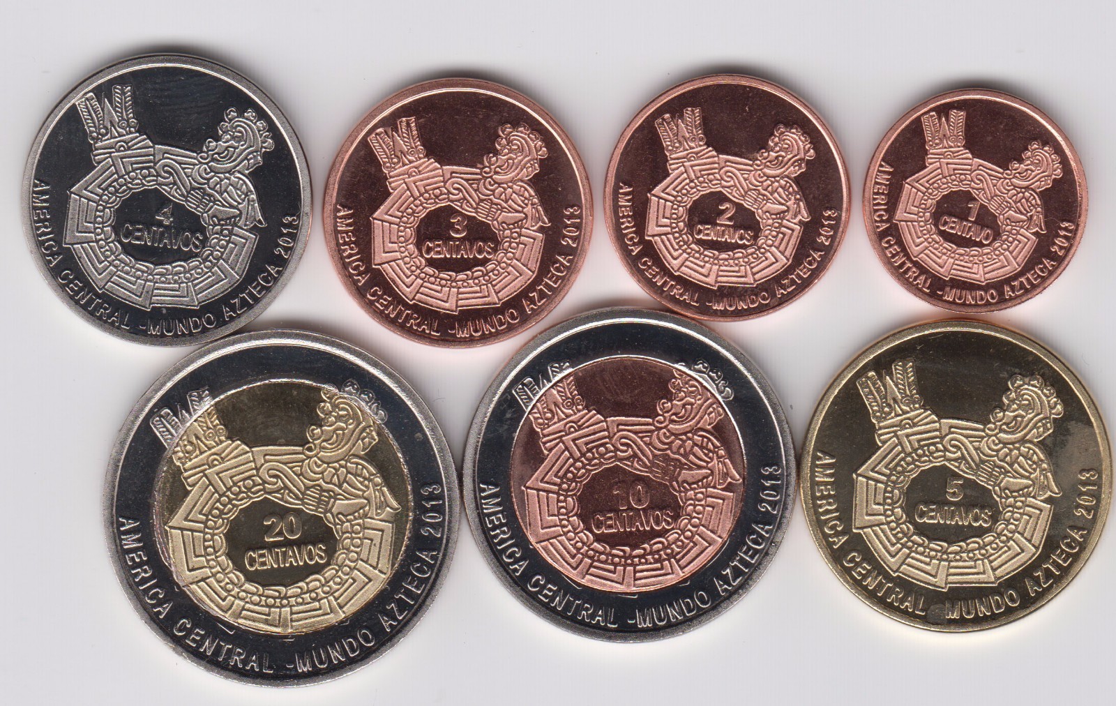 AZTECS (MEXICO CENTRAL AMERICA) Set 7pcs 2012, 2 bimetals, unusual coinage