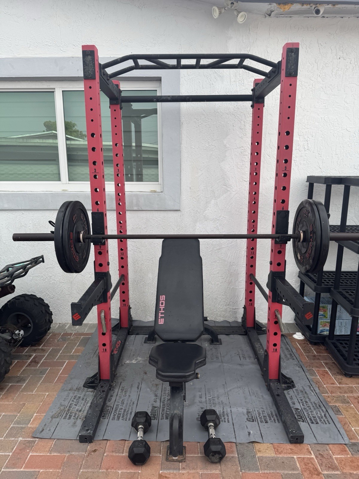 ETHOS Adjustable Power Rack Set w/ Bench, Barbell, Plates, Dumbbells, Red/Black