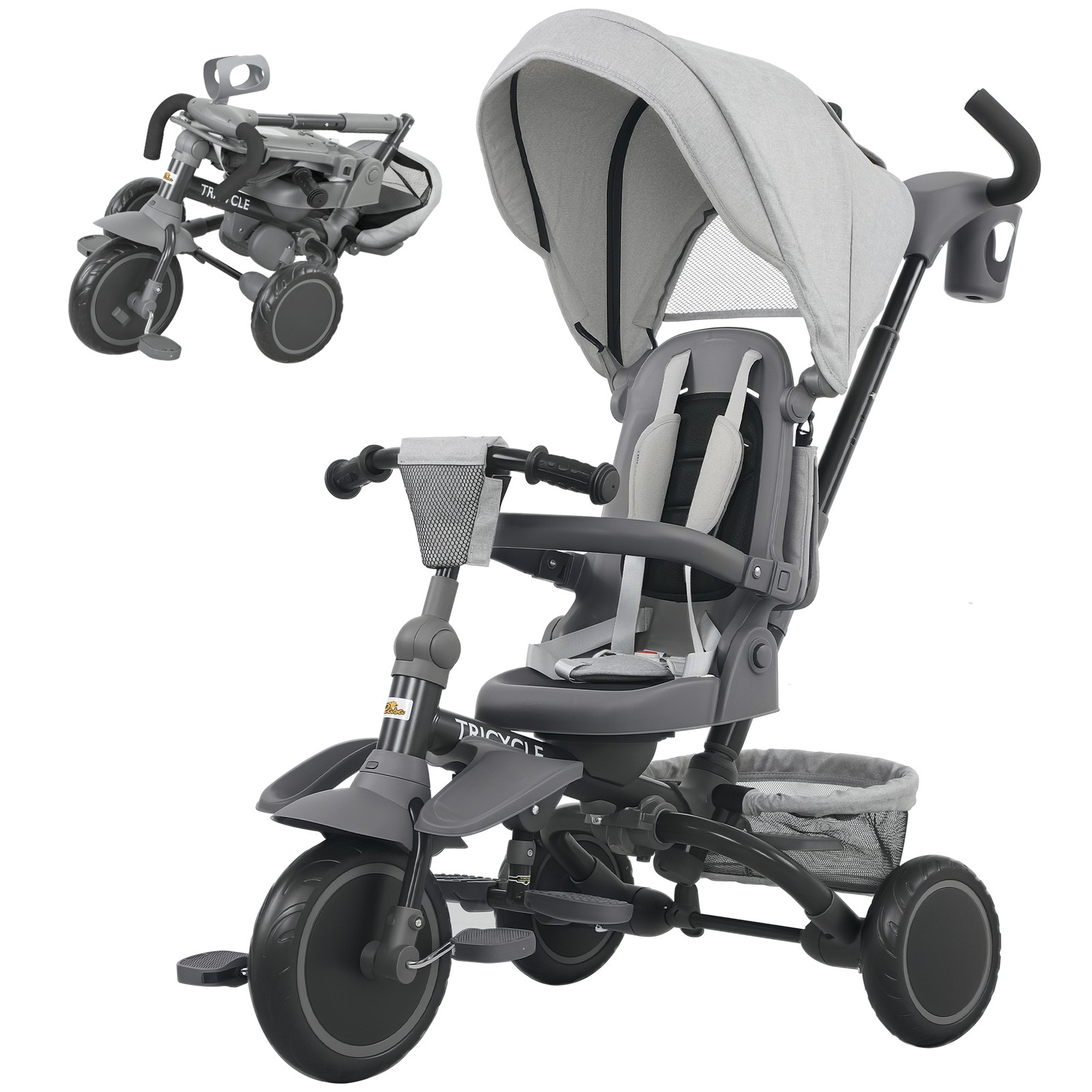6 in 1 Kids Tricycle w/ Adjustable Push Handle Removable Canopy Reversible Seat