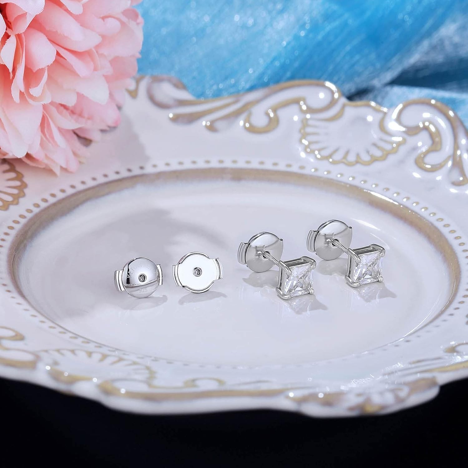 14K White Gold Locking Earring Backs Replacements for Diamond Studs, 2 Pairs