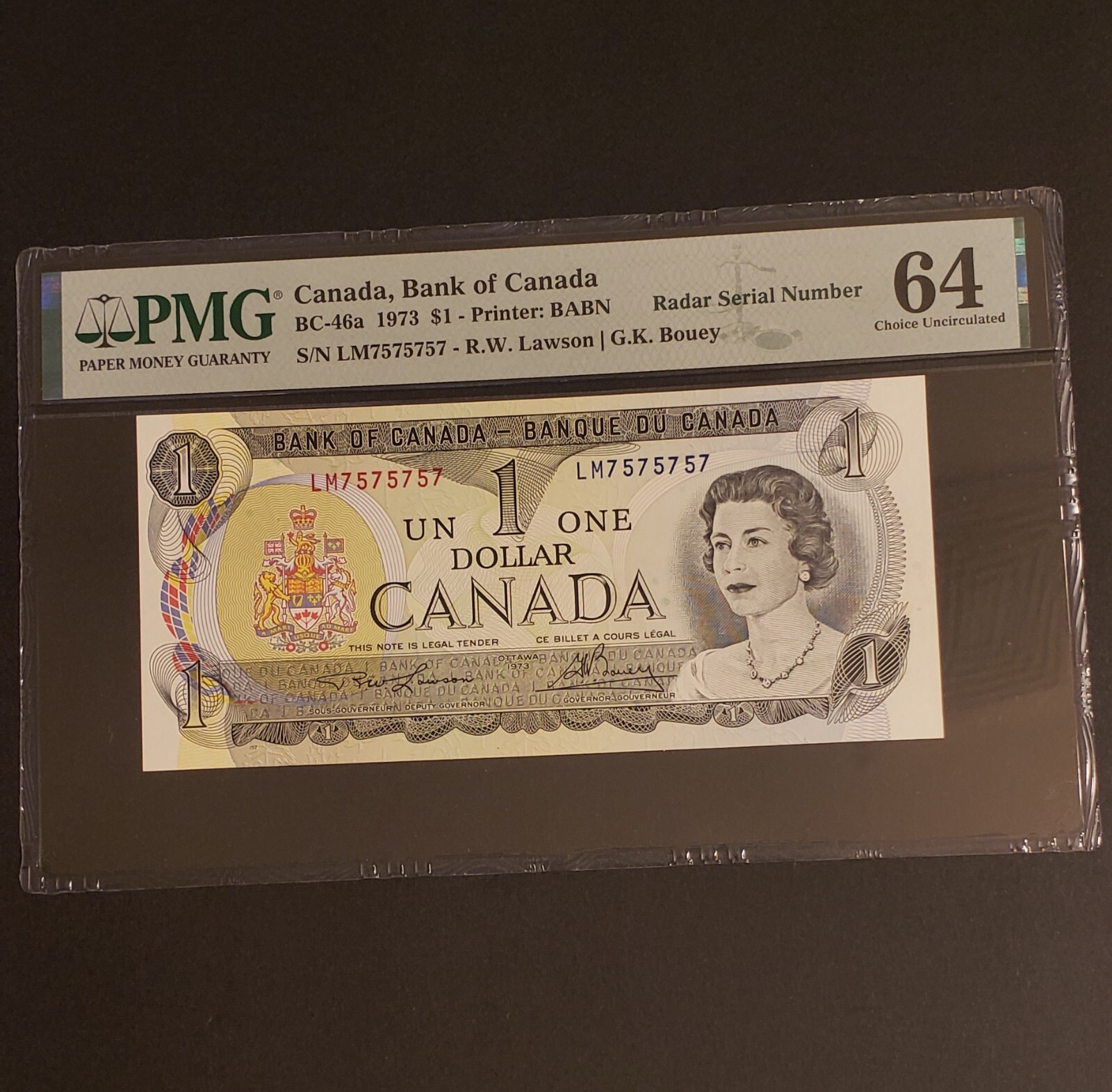 1973 Bank of Canada 2-DIGIT RADAR & REPEATER $1 Banknote. PMG Graded. EPQ.