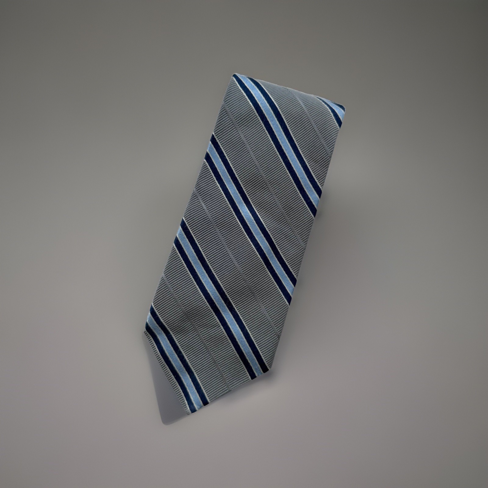 Faconnable Tie Mens Silver Gray Repp Stripe Made In France Necktie Silk Cotton
