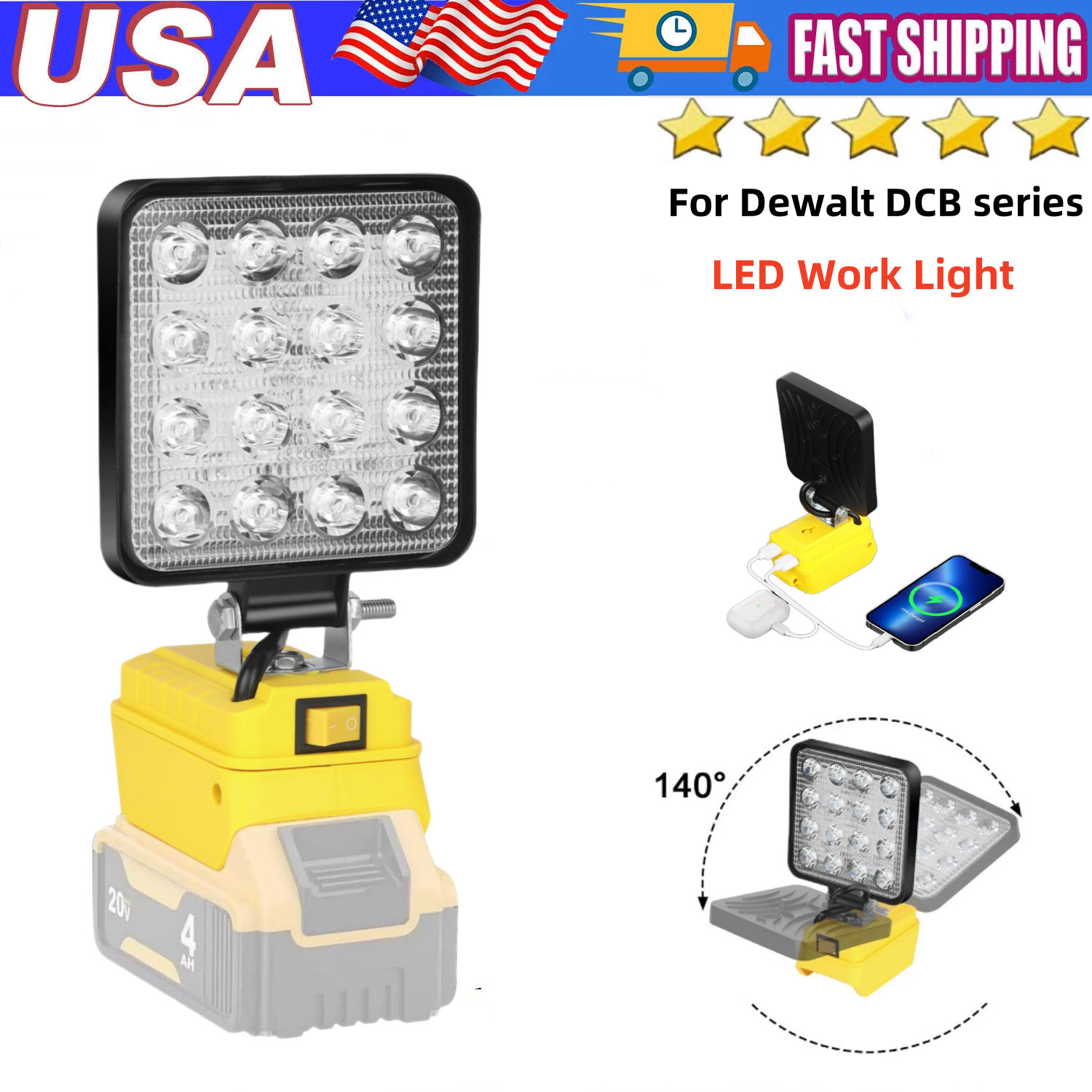 Cordless Led Work Light For Dewalt 20V Battery Portable Flood Light Flashlight