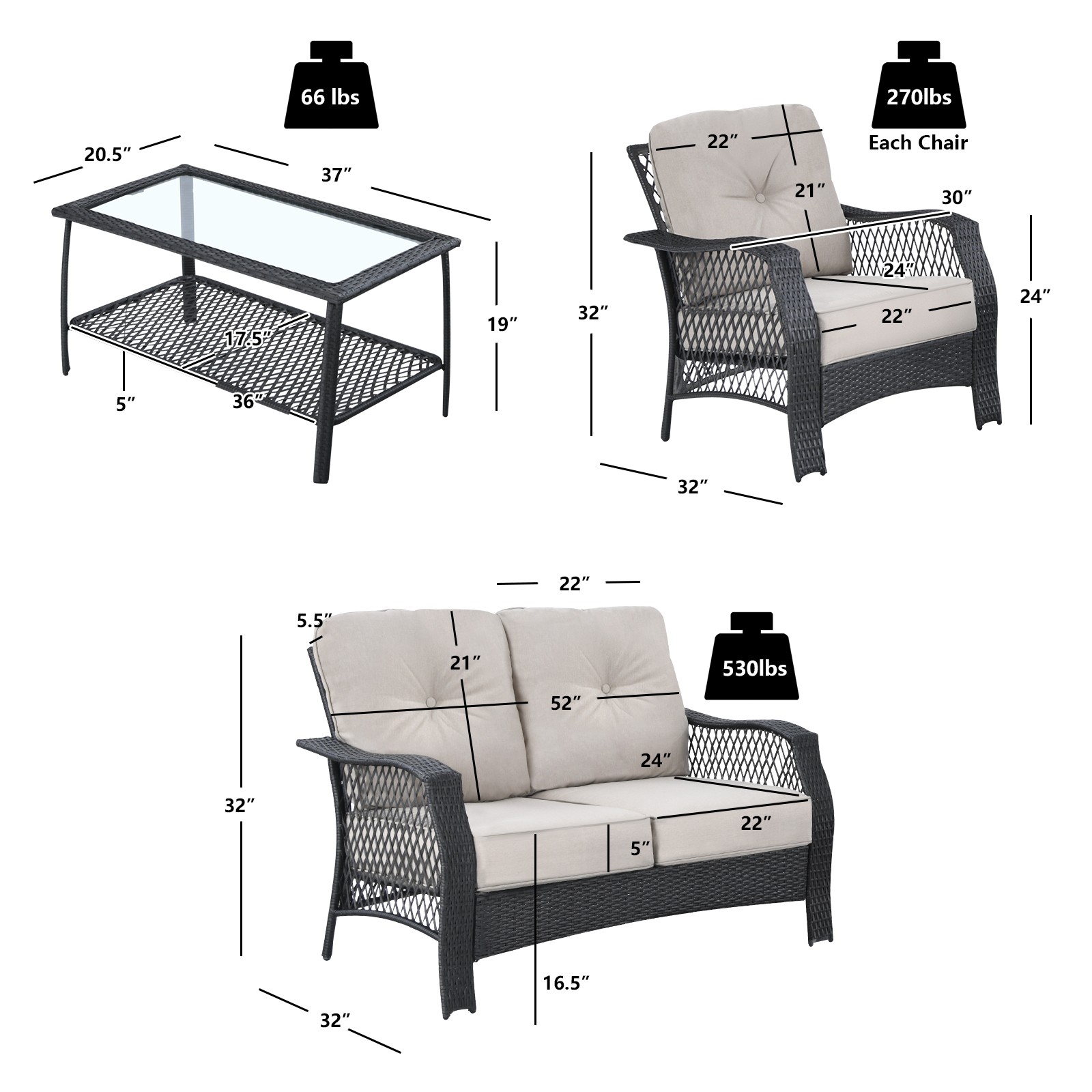 Patiojoy 4PCS Patio Rattan Furniture Set Outdoor Conversation Set w/Tempered