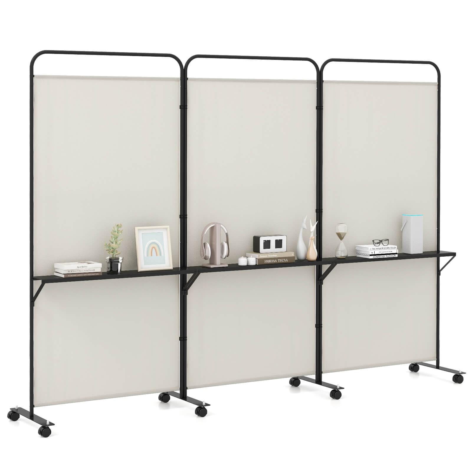 3-Panel Room Divider w/ Storage Shelves 6FT Tall Folding Privacy Screen on