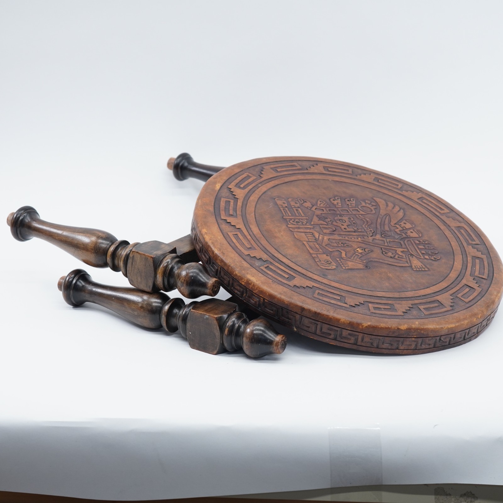 Hand Tooled Leather Top Wooden Stool Ottoman Ethnic Peru Mayan Aztec Warrior