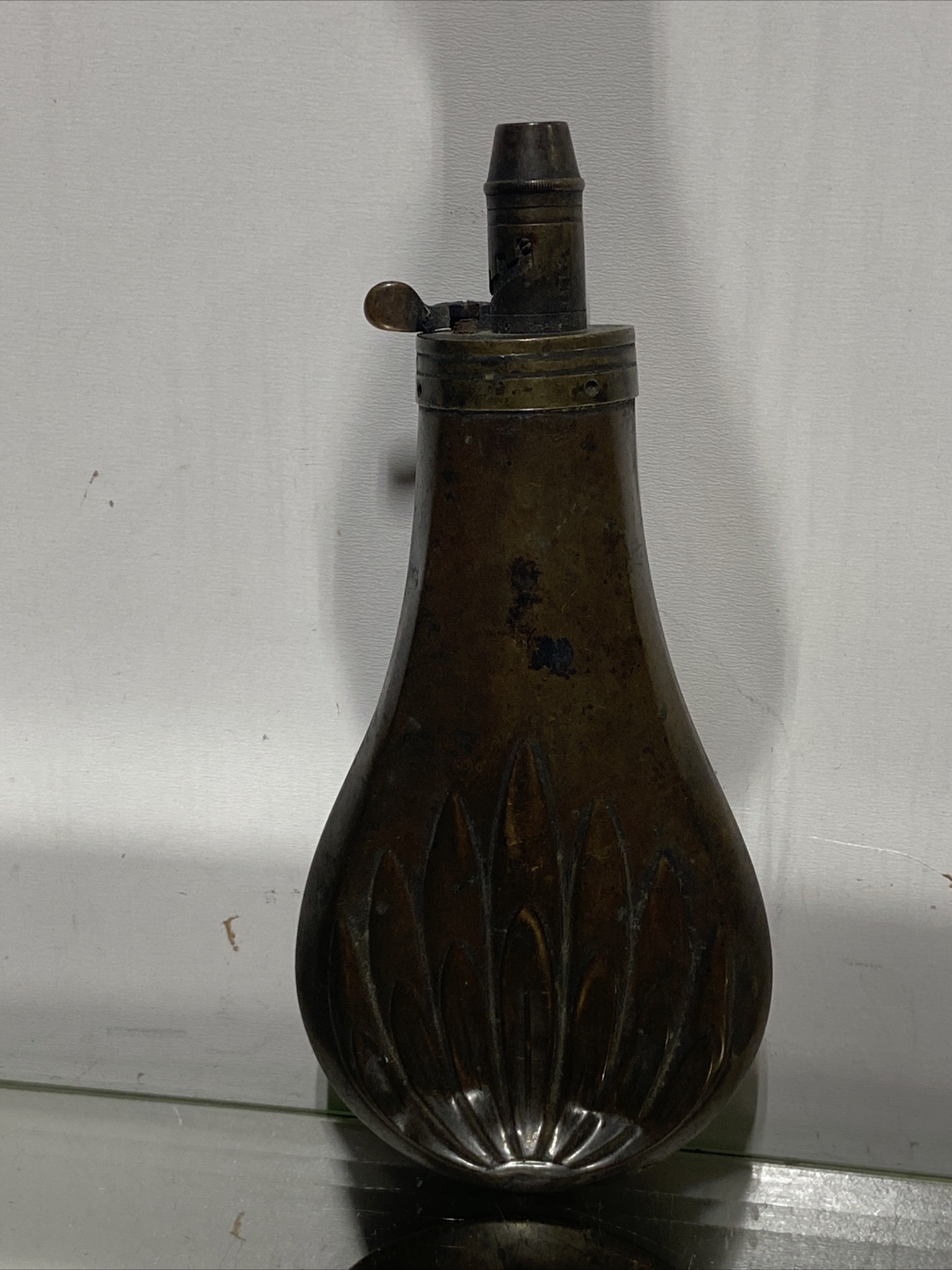 VTG. Original Bronze Peace Black Powder Horn Flask By SYKES