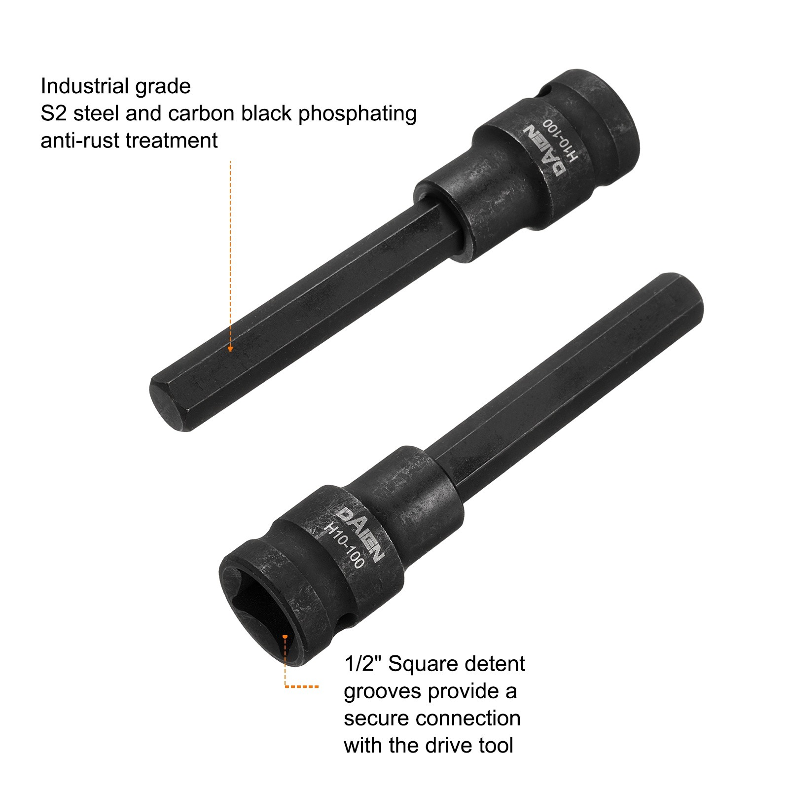 2pcs H10 Hex Bit Socket 100mm Length 1/2" Square Metric Impact Bit Black,