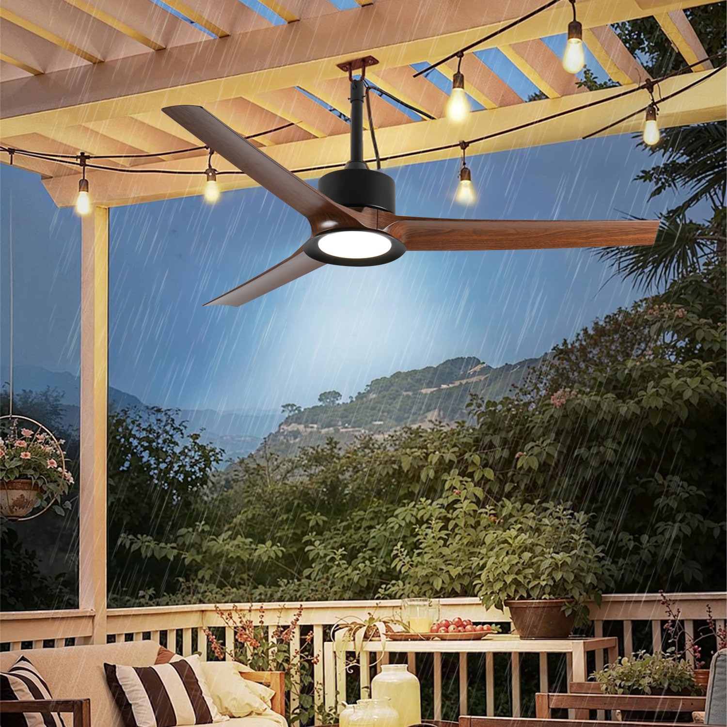 Outdoor Ceiling Fan with Light: 52 Inch Black Waterproof Gazebo Fans with Lights