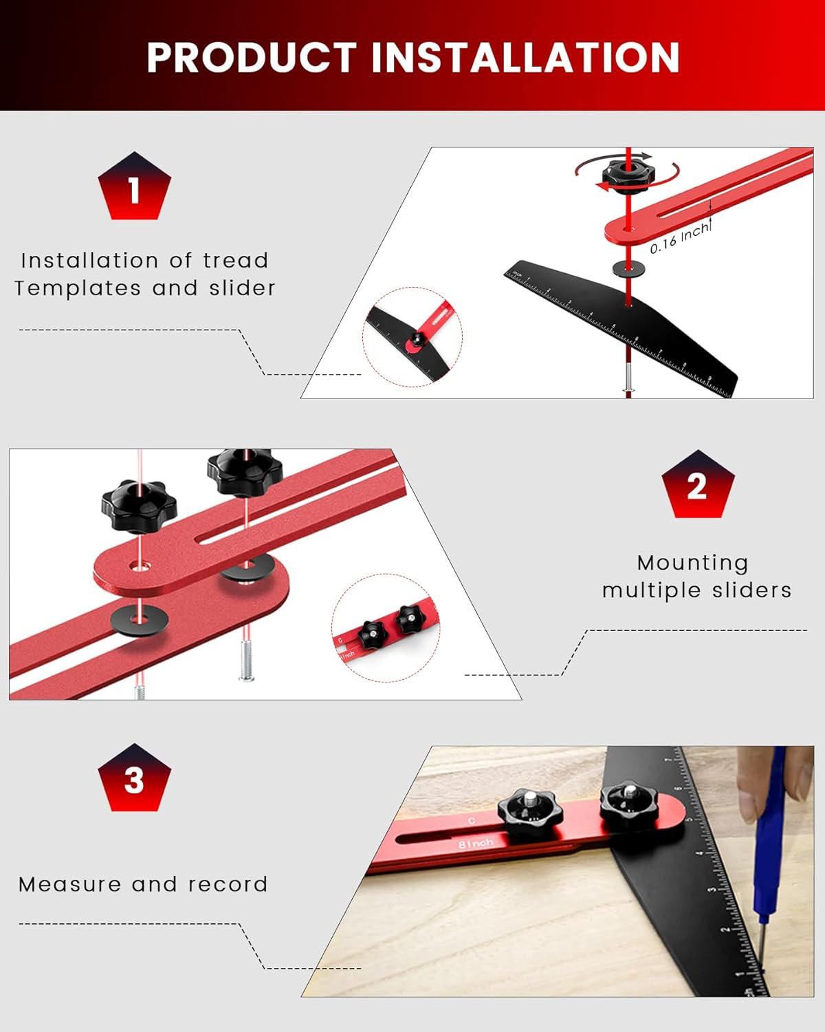 TANYO Stair Tread Template Tool, 8" to 60" Aluminum Stair Tread Jig for Accurate