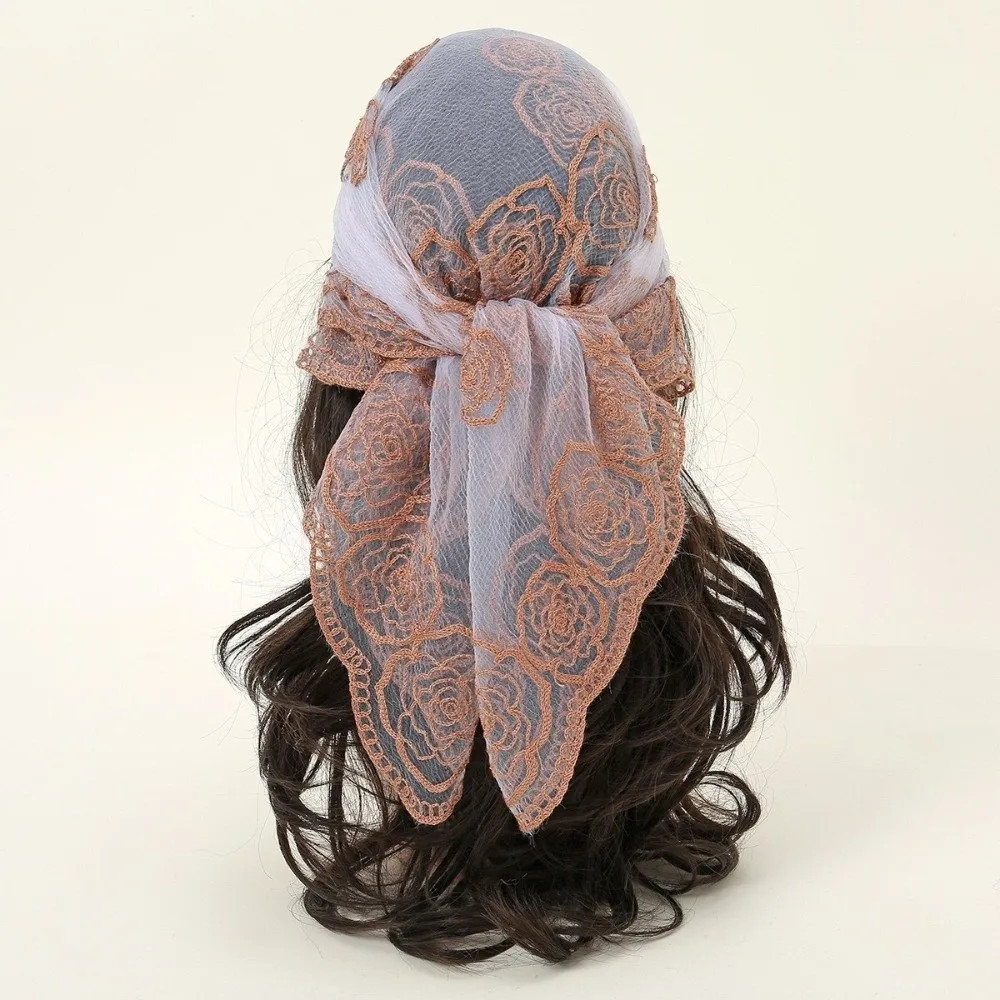 Fashion Floral Embroidery Headscarf Lightweight Breathable Lace Scarf Multifunct