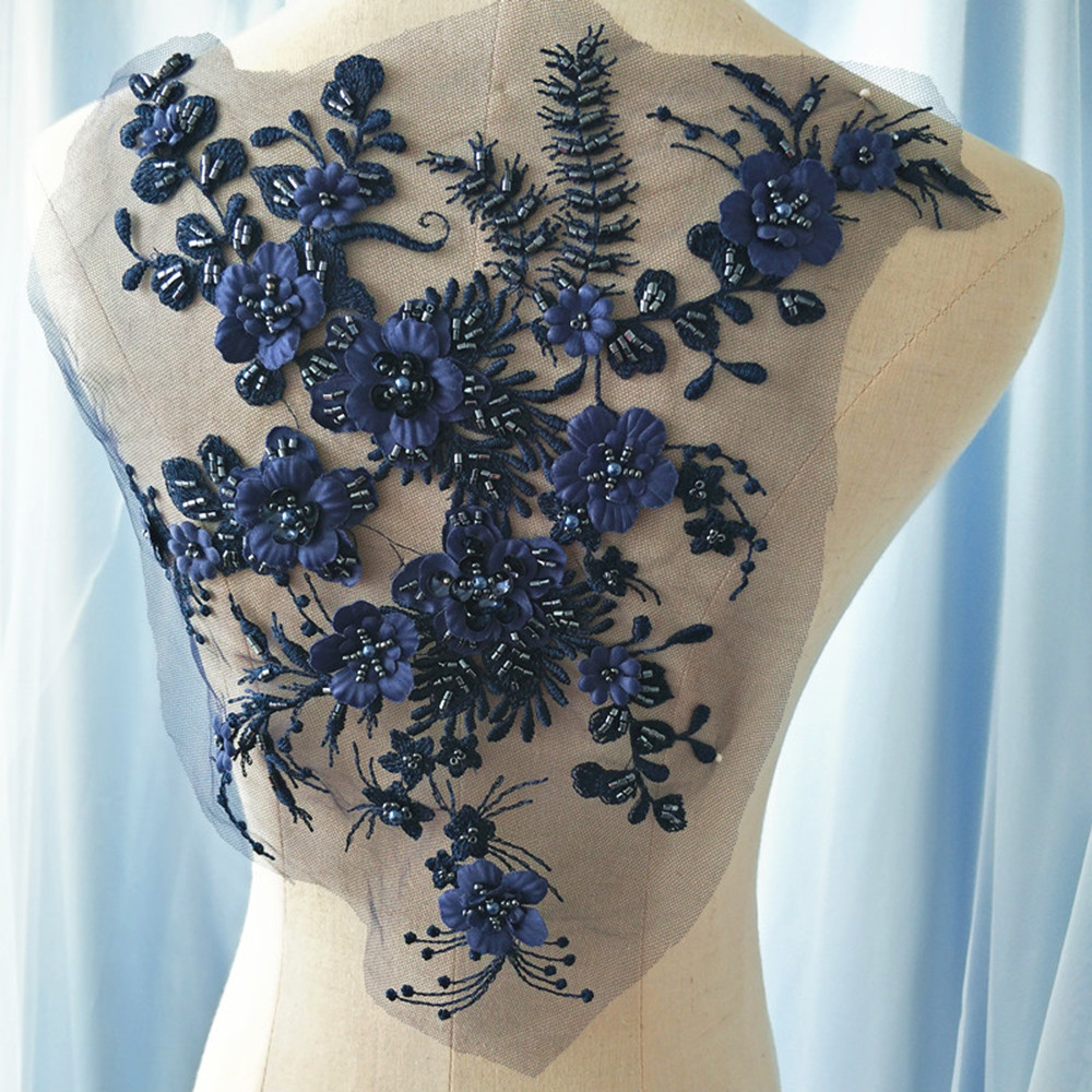 Embroidery Flowers Plant Costume Motif Beaded Lace Evening Bridal Dress Applique