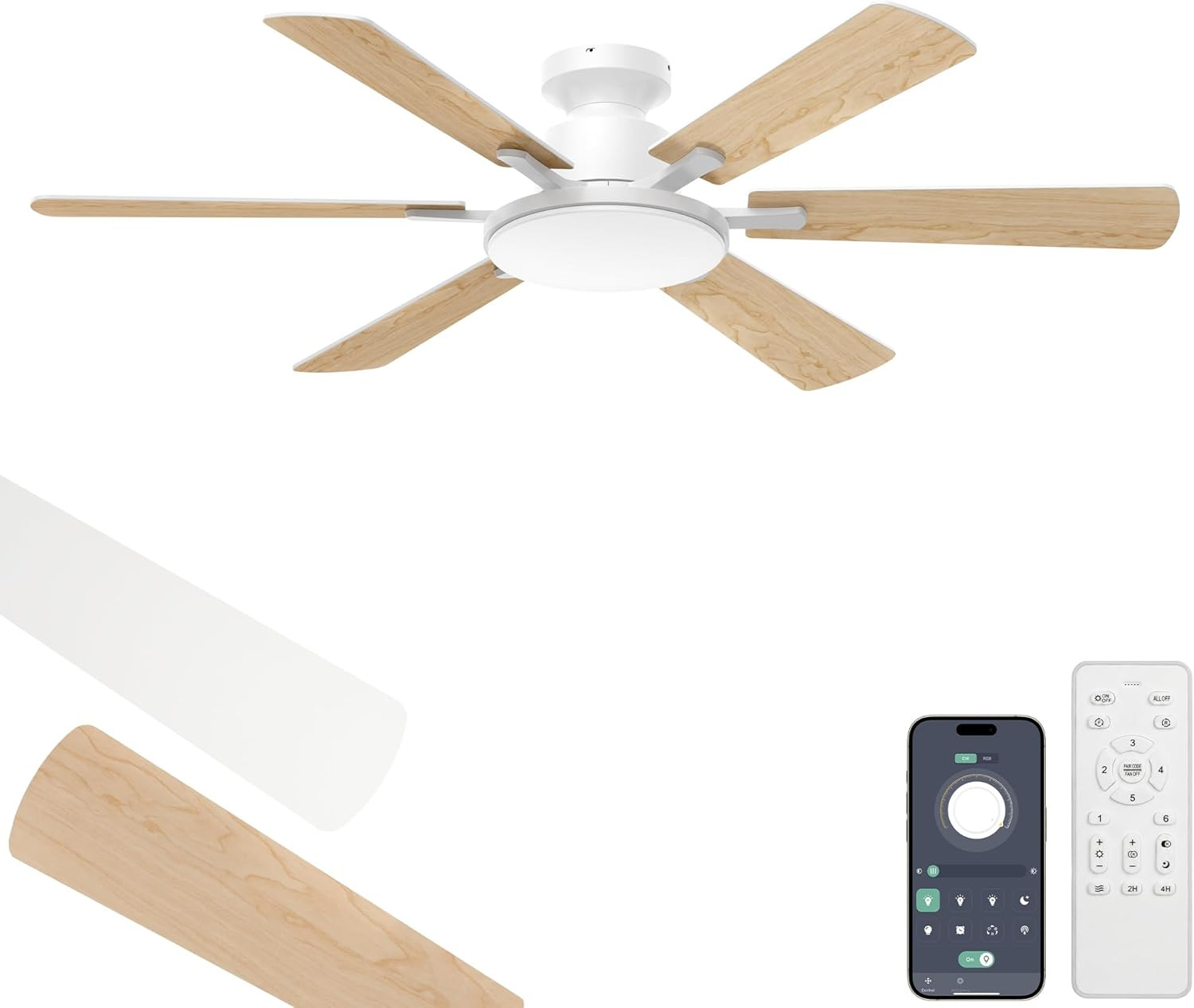 52'' Flush Mount Ceiling Fans with Lights for Living Room, White | 6 Blades, 6 S