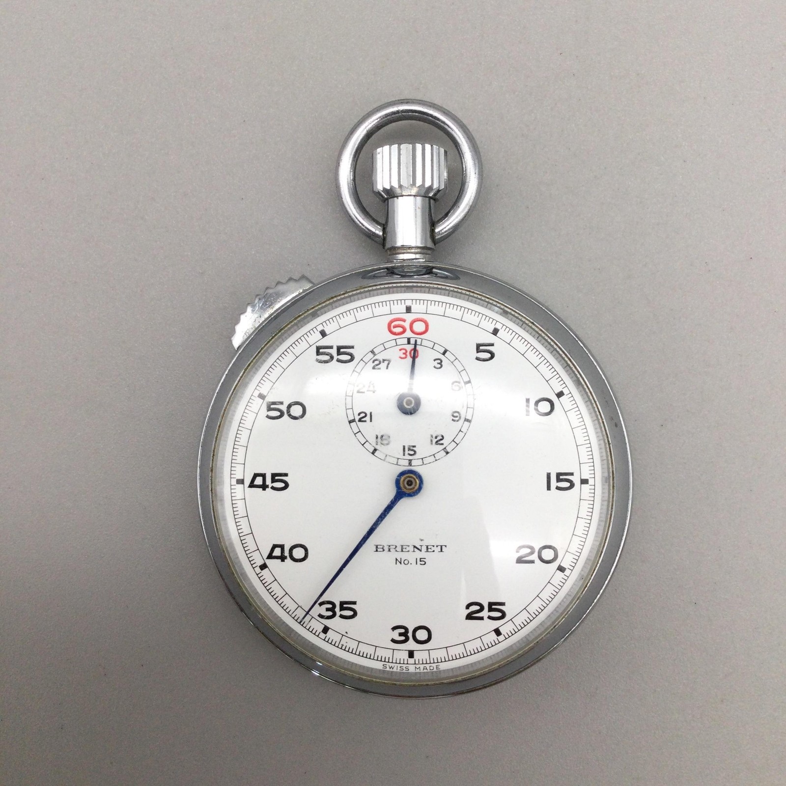 Vintage Brenet Stop Watch Men 50mm No15 Silver Tone Manual Wind Sport
