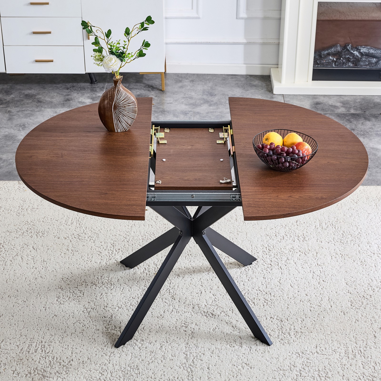 Extendable Round Dining Table - Space-Saving Dining Table with Sturdy Metal L