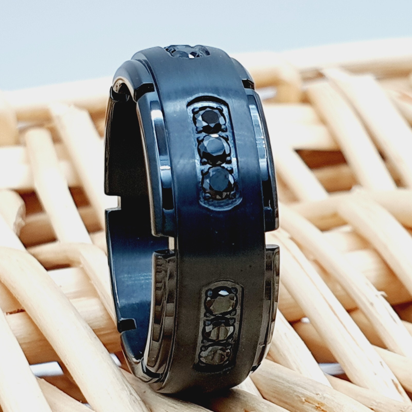 8mm Black Titanium Personalized Ring Unique CZ Stone Inlay Men’s Wedding Band