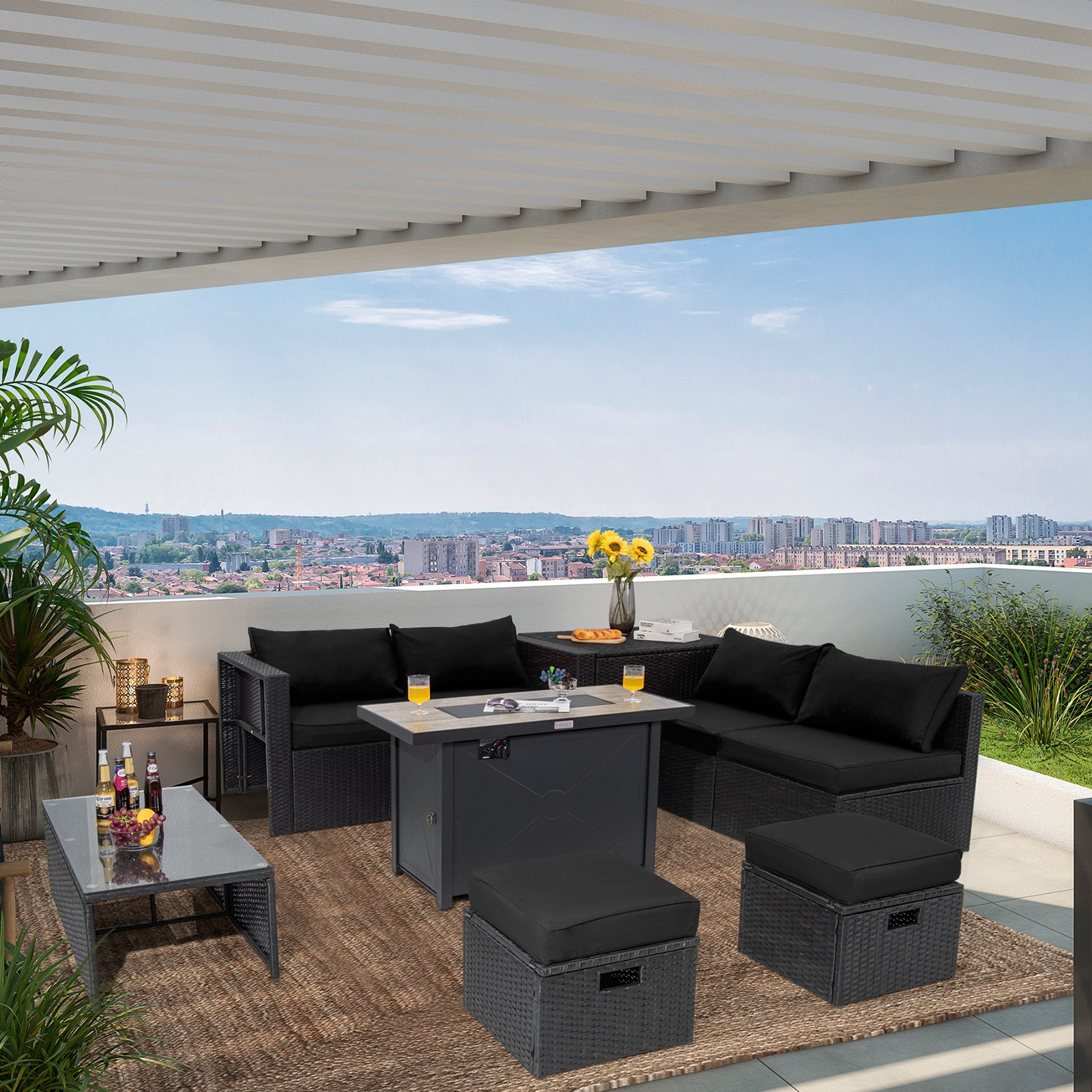 Patio 9PCS Rattan Furniture Set Space Saving 42” Fire Pit Table Cover Black