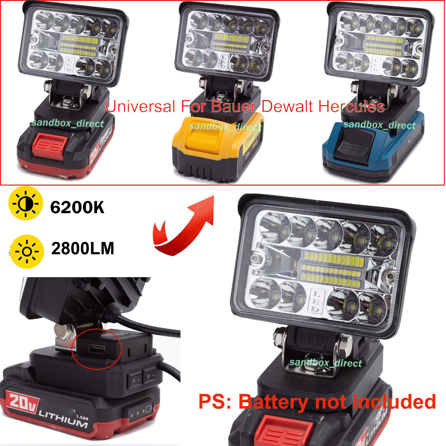 Led Work Light for Bauer 20v HyperMax Lithium Battery 2800LM w/FAST USB PORT