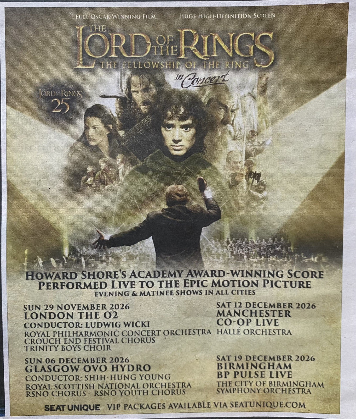 Lord of the Rings Tour Dates In Concert 2026 Newspaper Advert Clipping 7x5