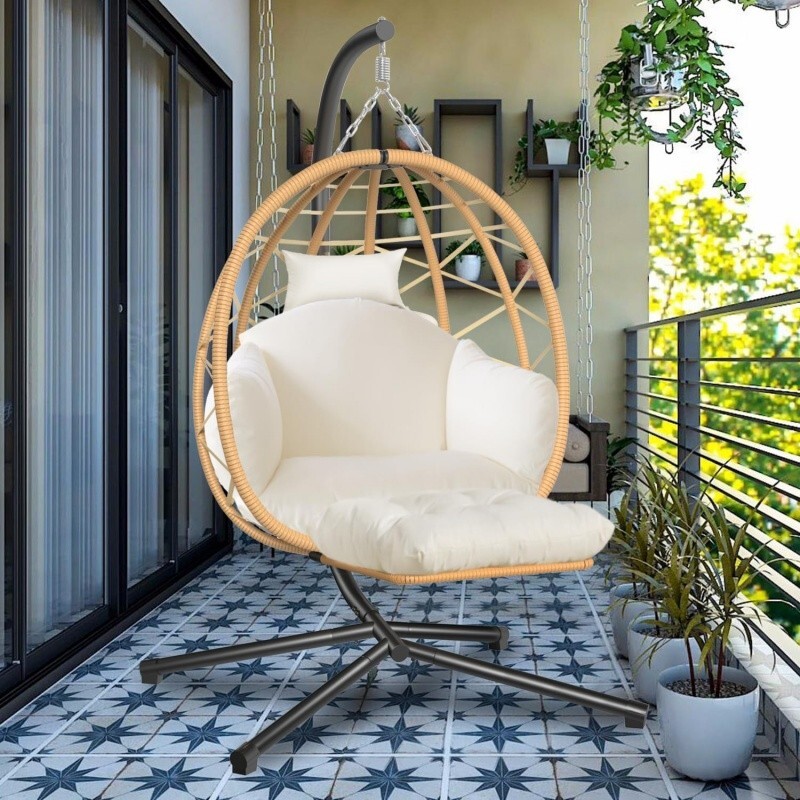 Hanging Egg Chair with Stand Leg Rest Outdoor with Swinging Chair Rattan Chair