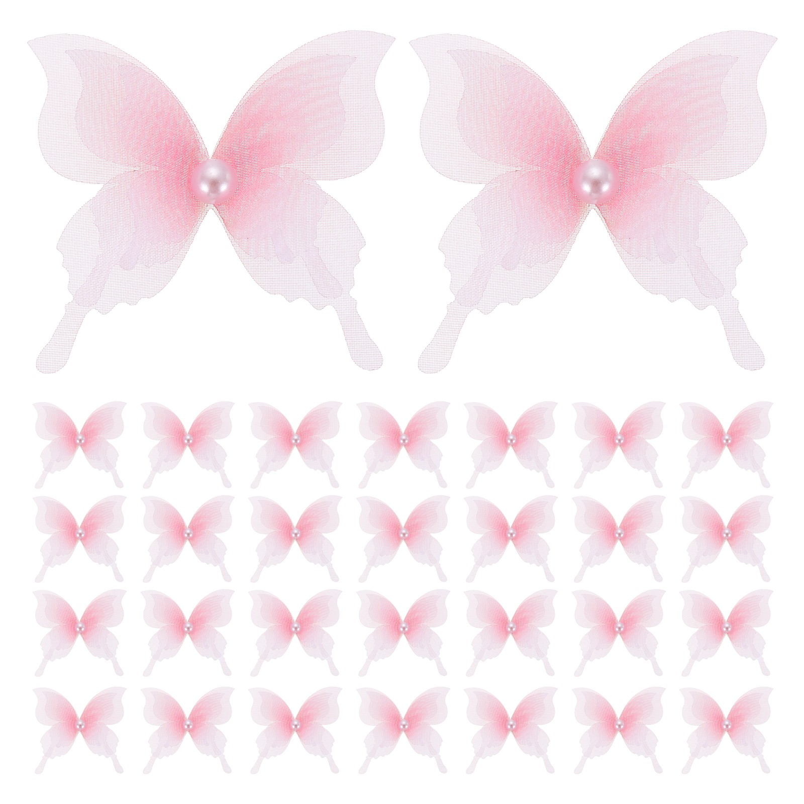 30Pcs Pearl Organza Butterfly, 1.8" x 2" 3D Fabric Butterfly for Craft, Pink