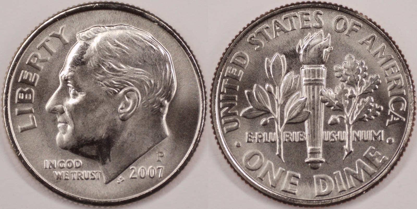 United States 2007 P 10 Cents Roosevelt Dime KM#195a Clad Torch Olive Oak Branch