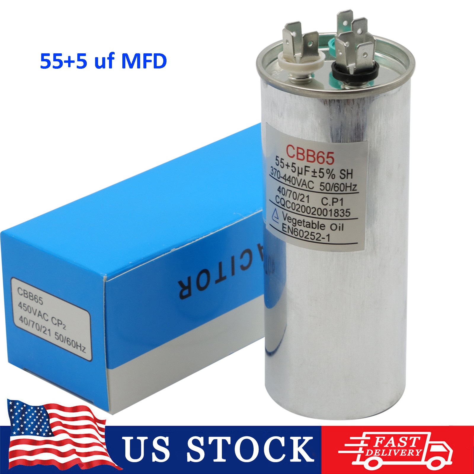 55/5 MFD uF Dual Run Capacitor 370-440 vac Volts AC Motor HVAC 55+5