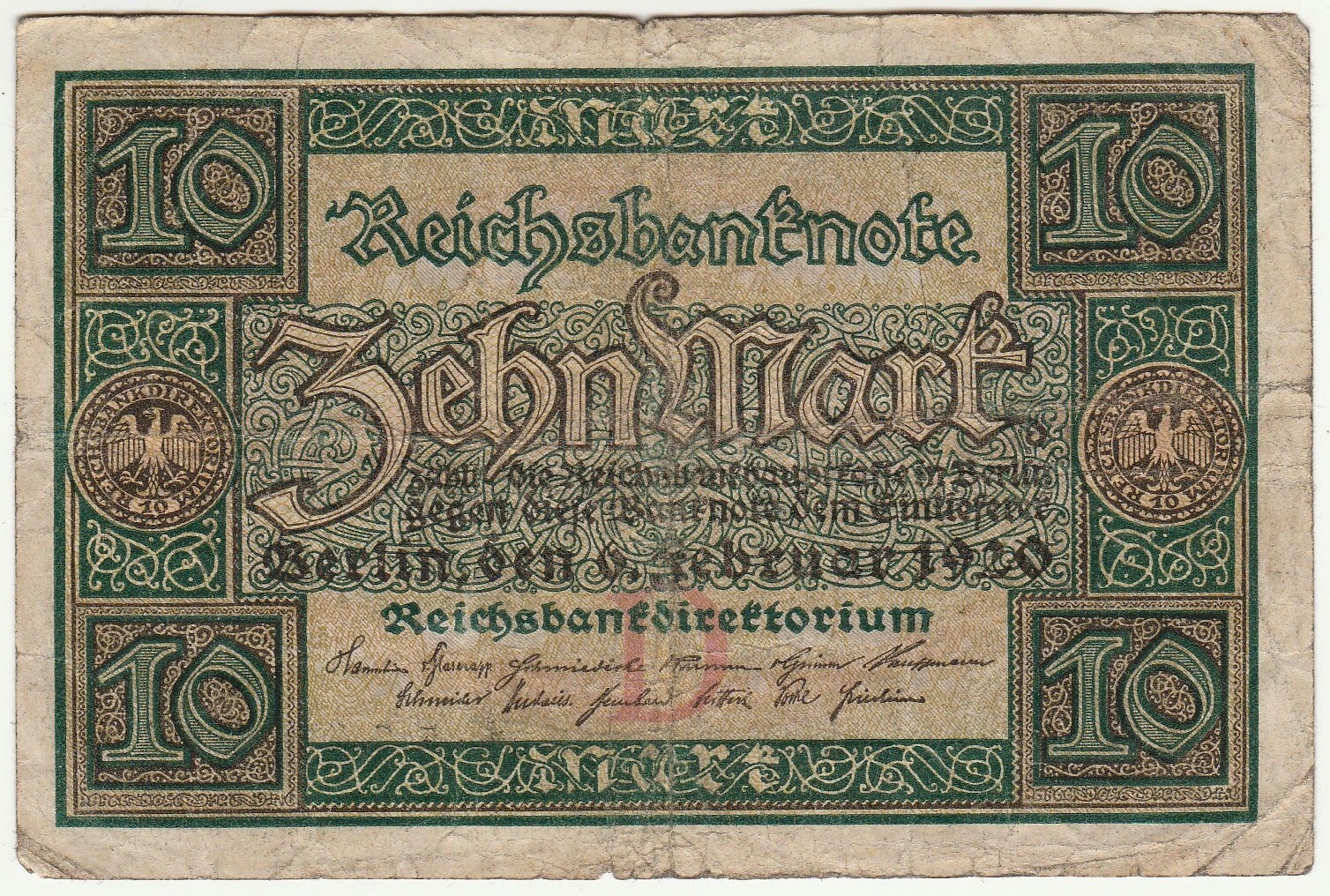 1920 | Germany | 10 Mark | Reichsbanknote | WM: D | P# 67a | Very Fine