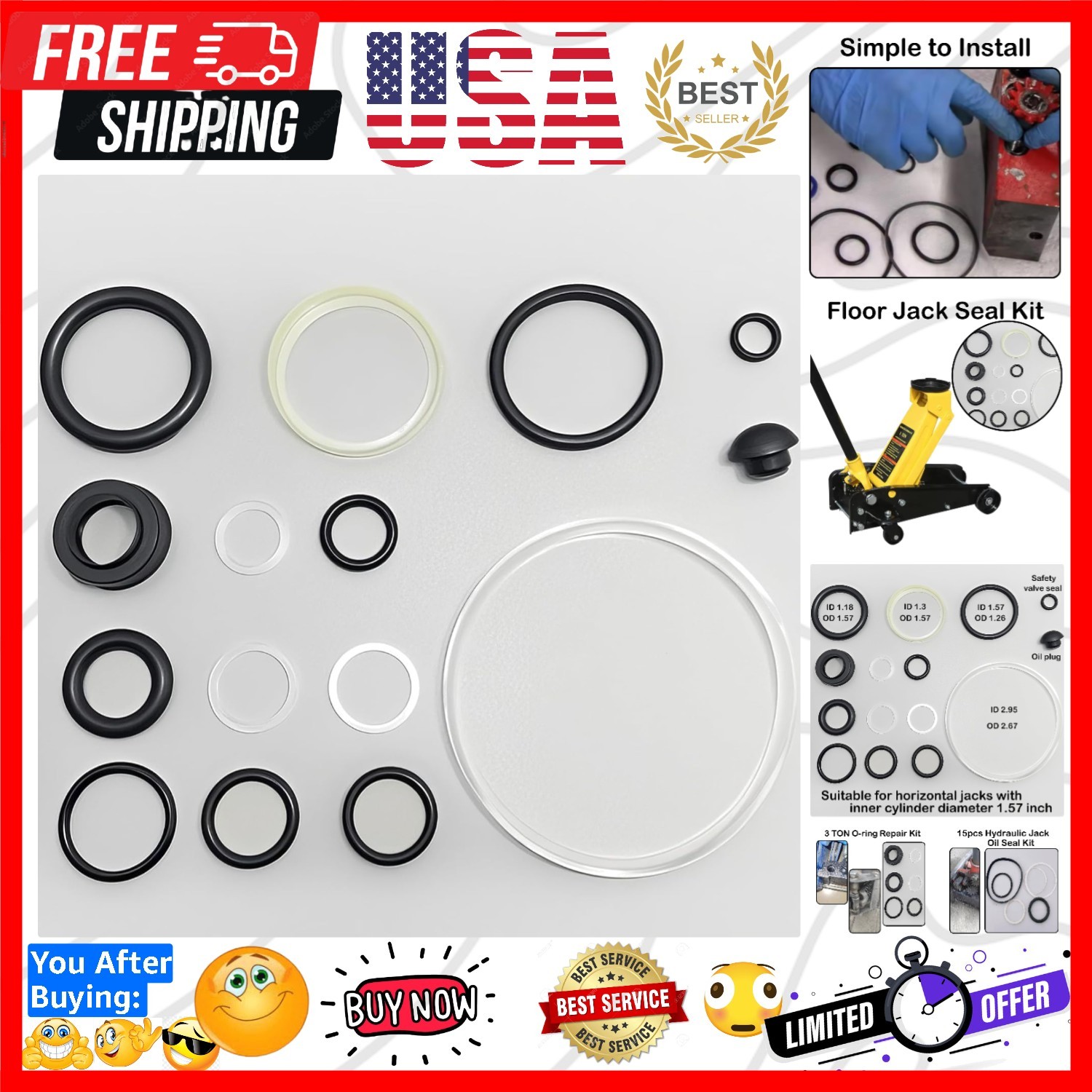 Hydraulic Floor Jack Seal Kit, 3 Ton Horizontal Jack Oil Seal Complete Set wi...