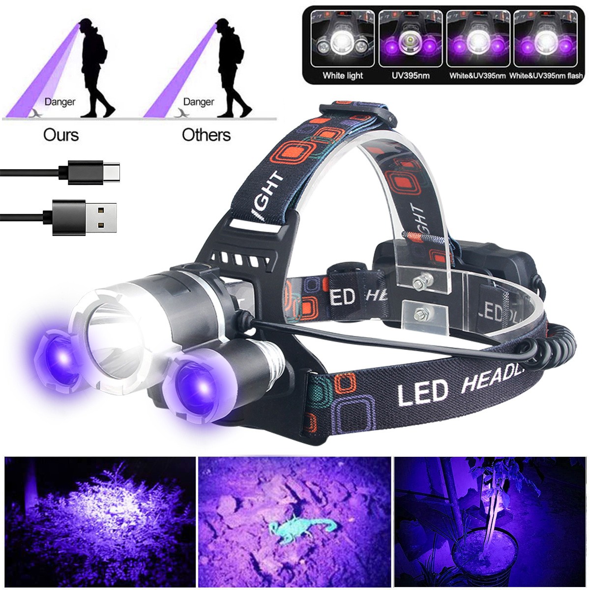 395nm UV White LED Headlamp Purple Work Lamp USB Rechargeable Flashlight
