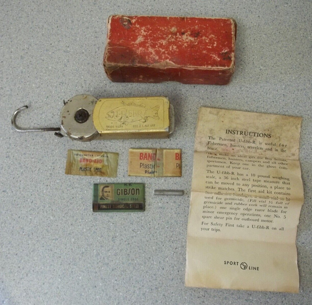 Vintage U-FIBB-R fisherman's scale tape measure first aid set in original box