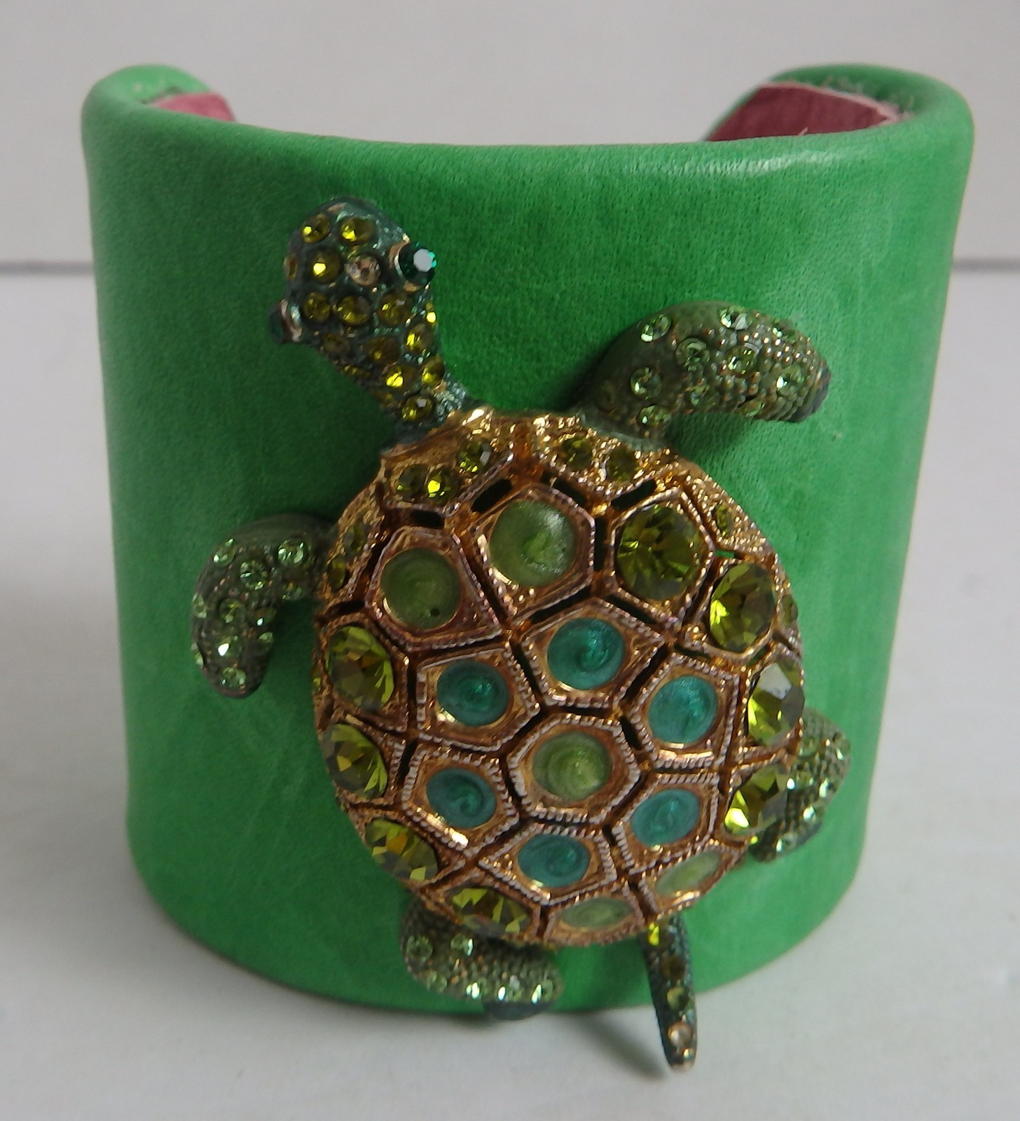 One of a Kind Handmade Green Leather Bracelet Rhinestone Lg Turtle Signed Lulu