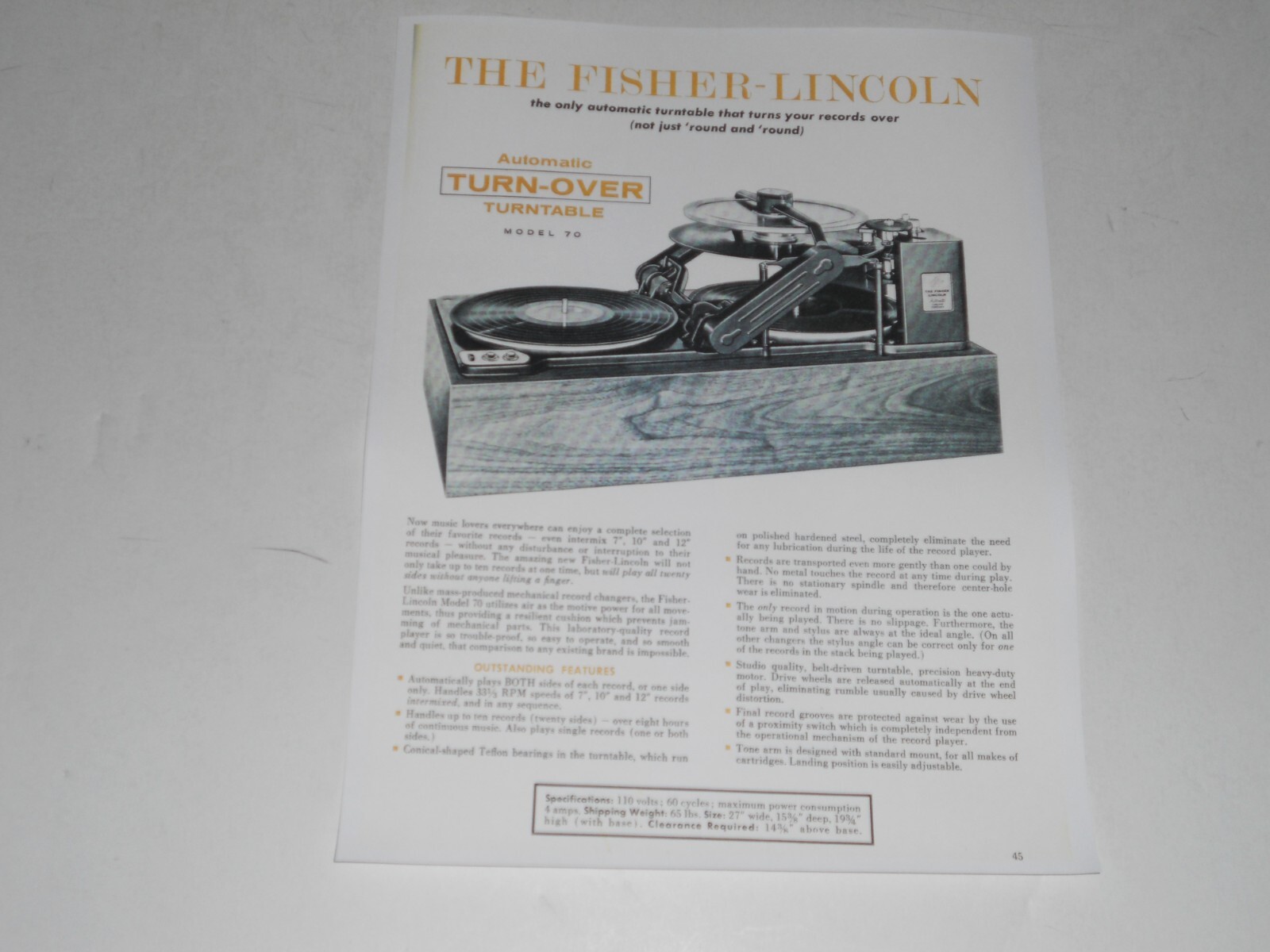Fisher Lincoln Model 70 Flipover Turntable Ad, 1964, 1 pg, RARE