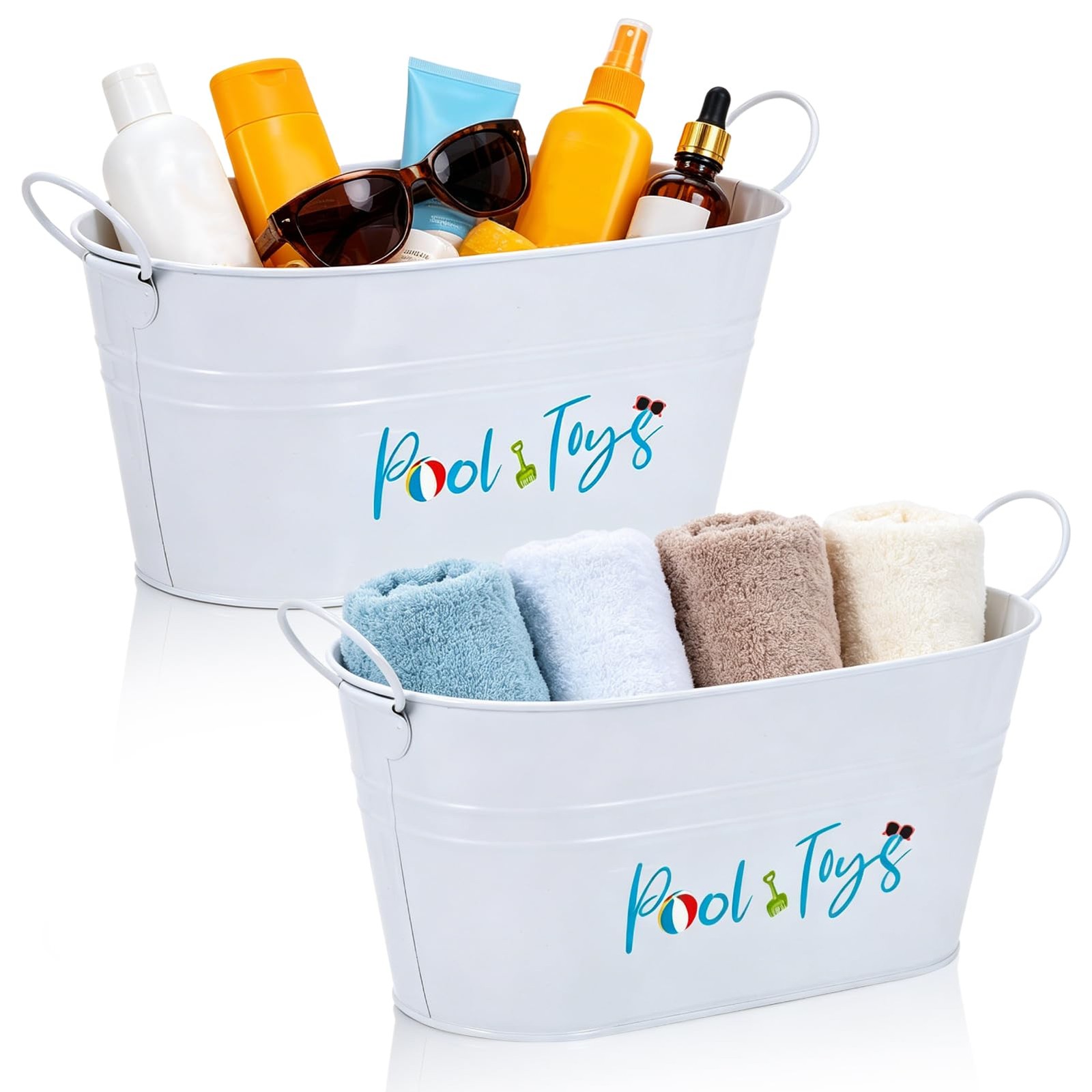 2 Pack Pool Storage Bucket, Metal Poolside Storage Bucket with Handles Outdoo...
