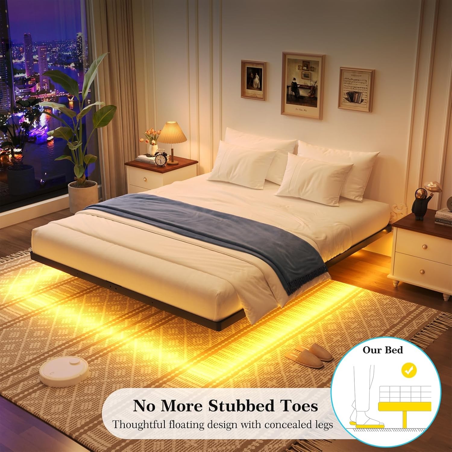 Floating Bed Frame Queen Size Queen Bed Frame with Smart LED Lights