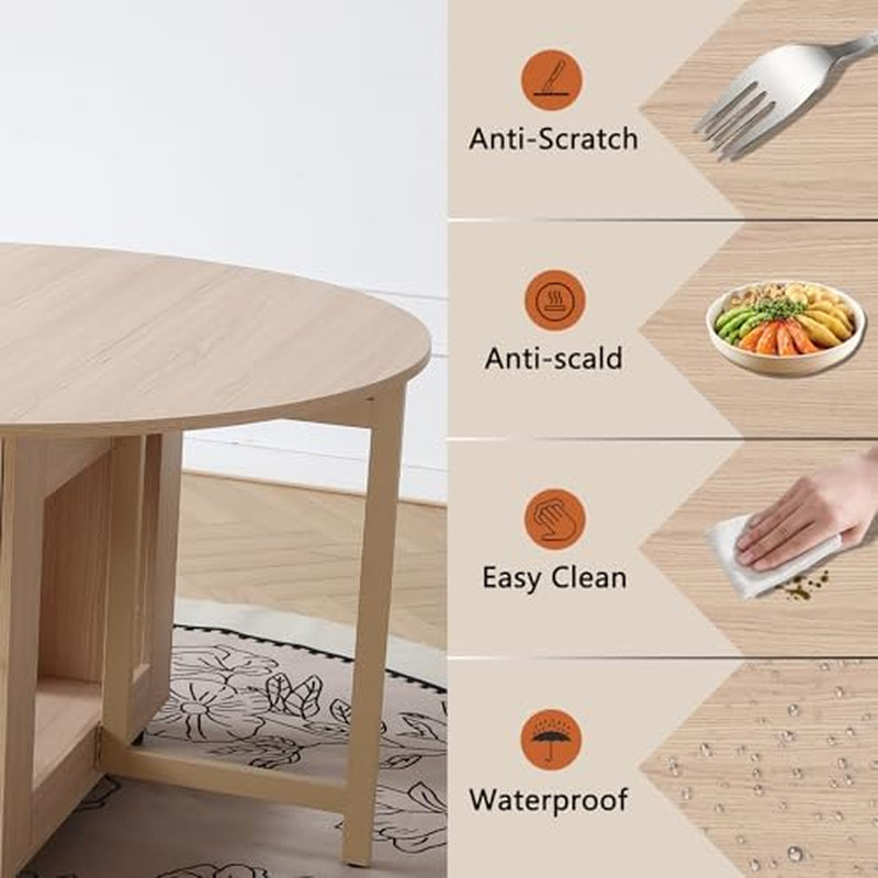 Wood round Folding Dining Table with 4 Chairs, 47.3" Space Saving Foldable Dinin