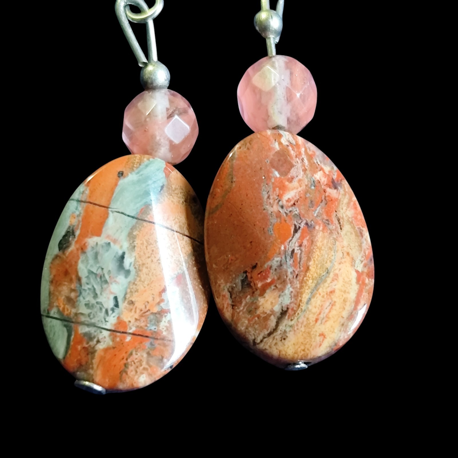 Maligano Jasper & Pink Quartz Dangle Drop Hook Earrings Silver Plate