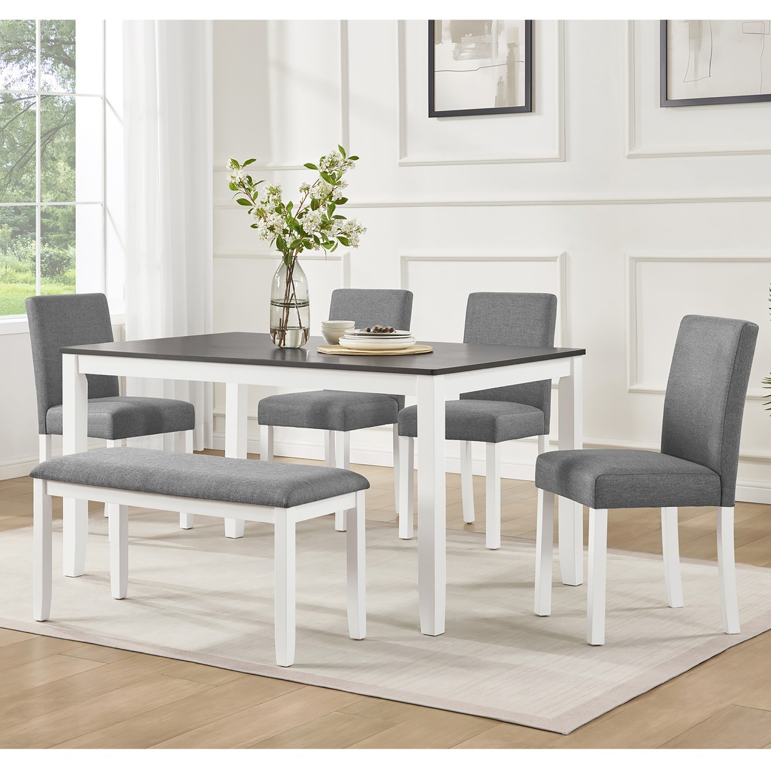 6-Piece Modern Wooden Dining Set w/ Bench & Table & 4 Chair for Dining Room