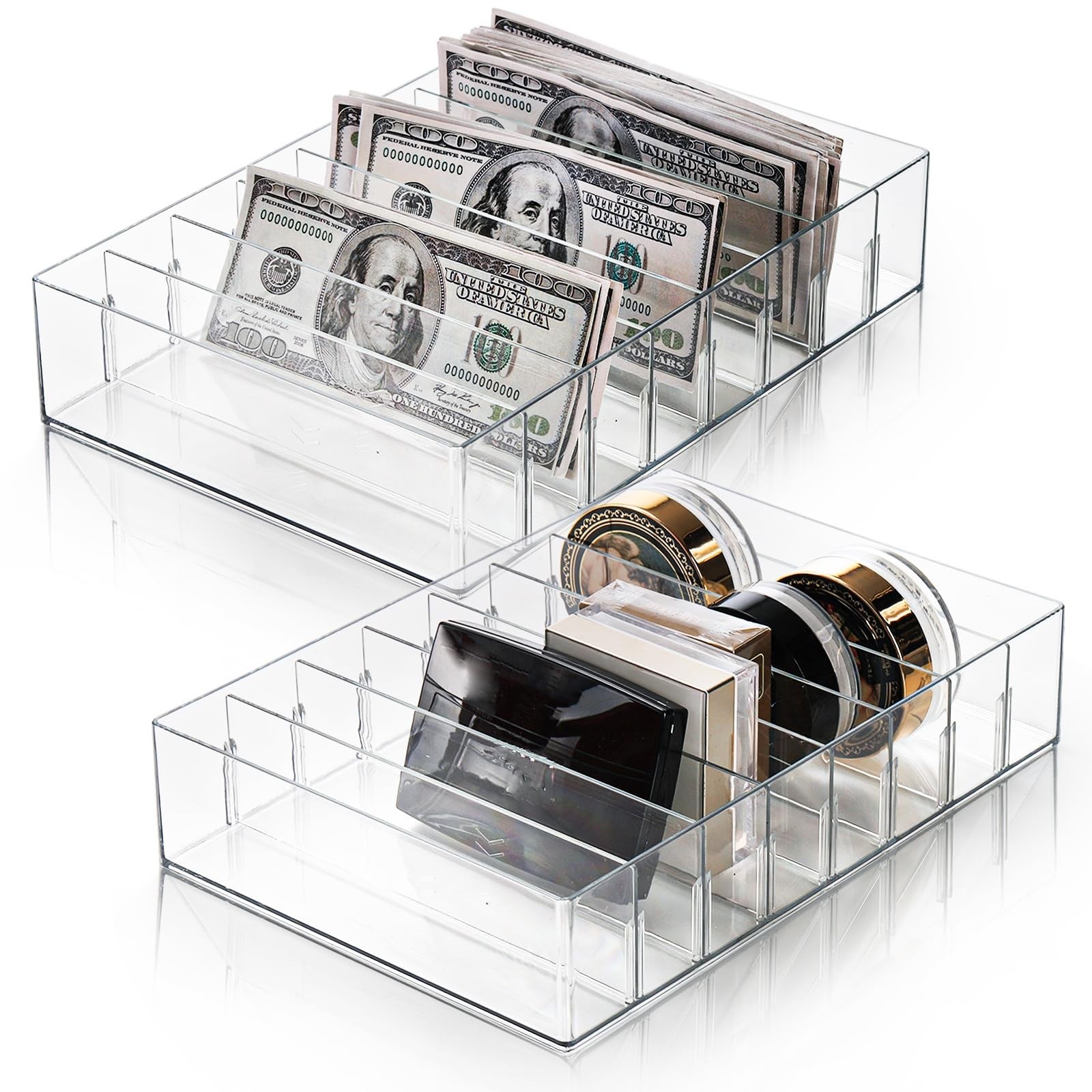Covzoe 2 Pack Clear Cash Organizer Tray, 8 Adjustable Compartments