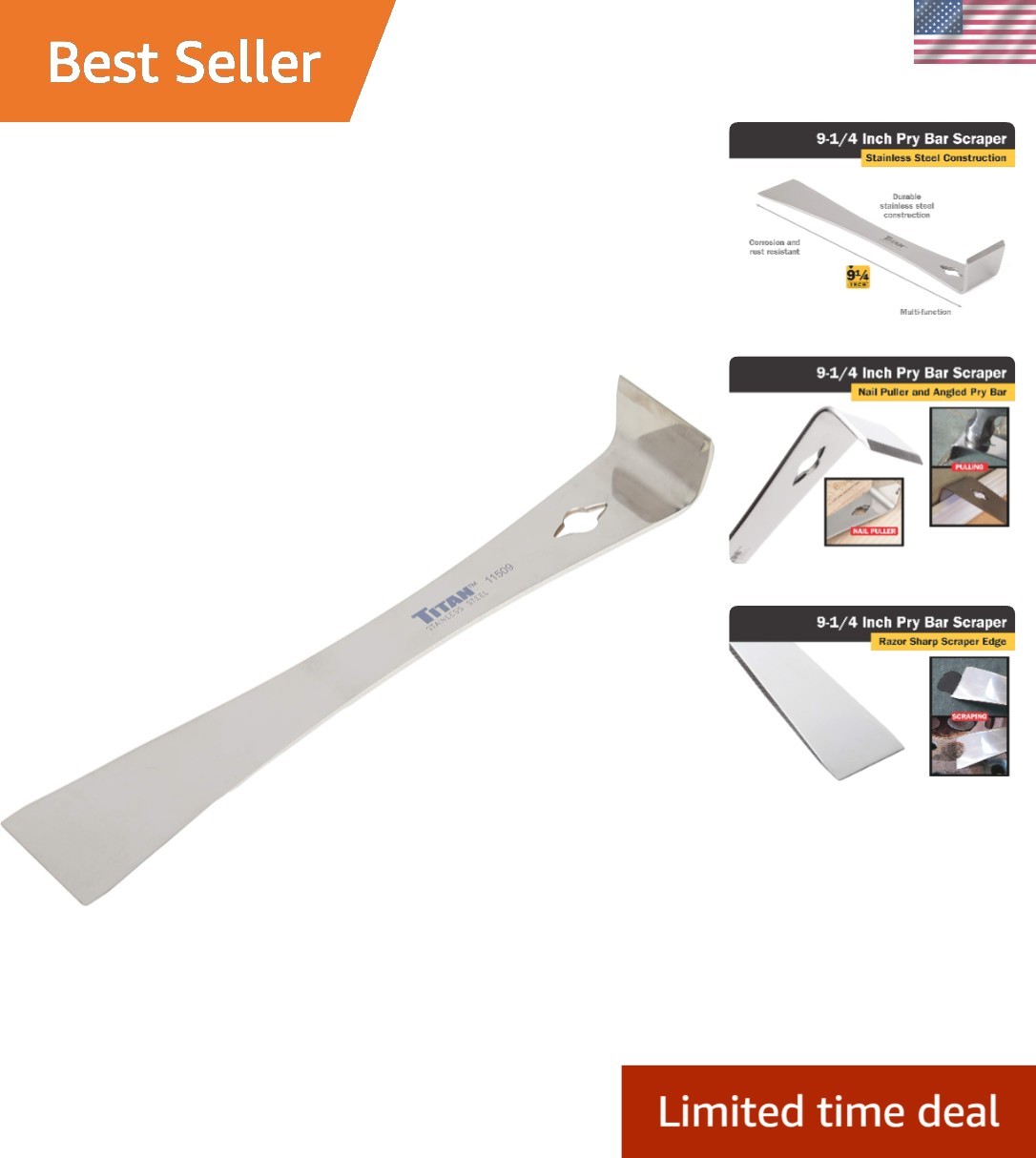 Ergonomic 9-1/4-Inch Stainless Steel Pry Bar with Razor-Sharp Edge for Precision
